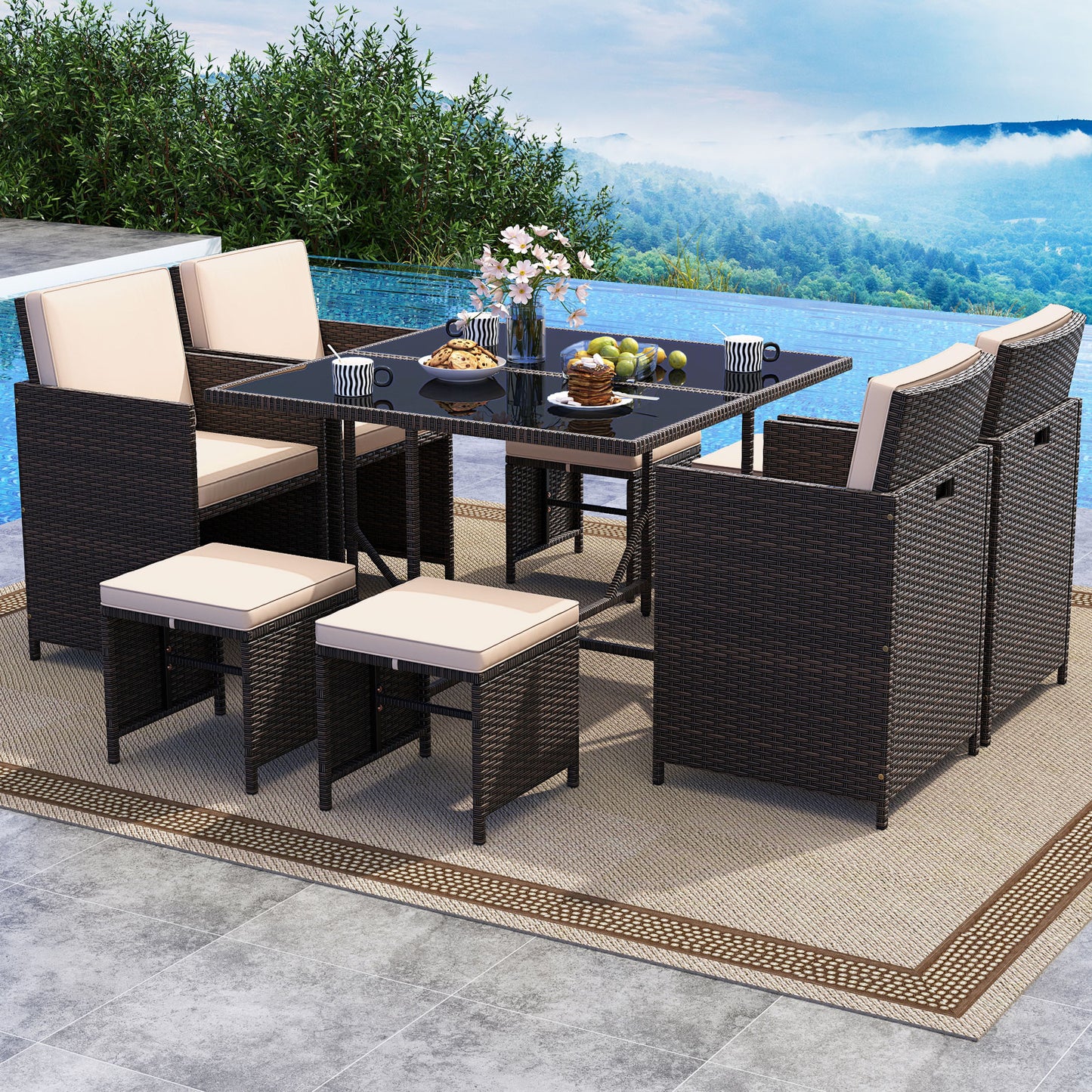 9 Piece Patio Dining Set with Tempered Glass Table and Ottoman, Beige Patio Conversation Sets at Gallery Canada