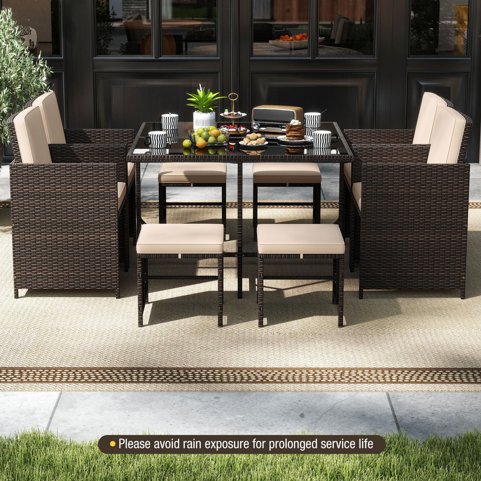 9 Piece Patio Dining Set with Tempered Glass Table and Ottoman, Beige Patio Conversation Sets at Gallery Canada