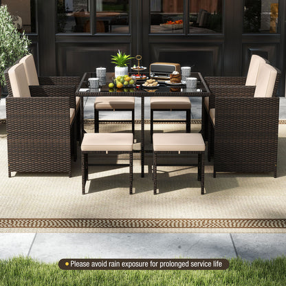 9 Piece Patio Dining Set with Tempered Glass Table and Ottoman, Beige Patio Conversation Sets at Gallery Canada