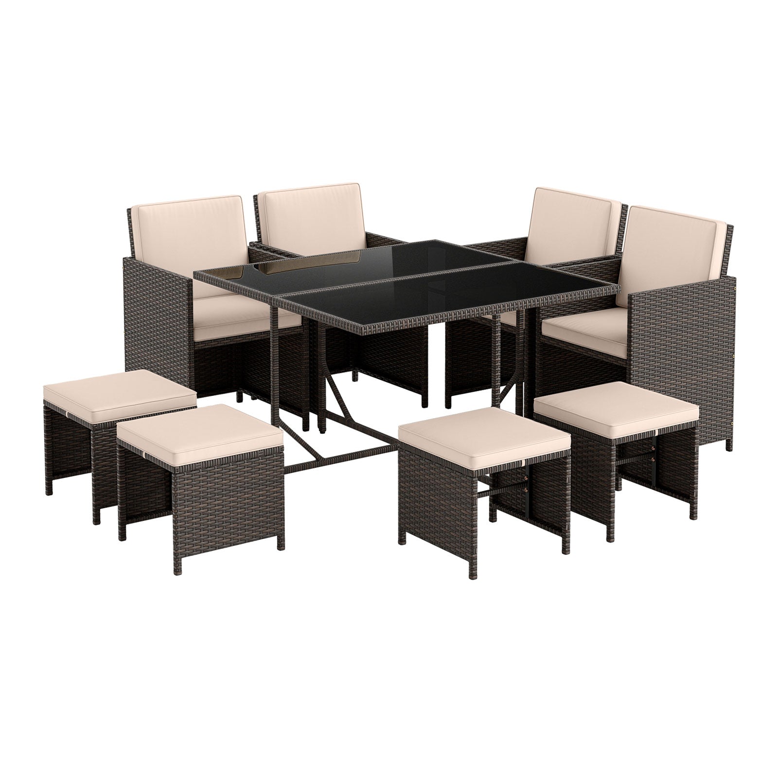 9 Piece Patio Dining Set with Tempered Glass Table and Ottoman, Beige Patio Conversation Sets at Gallery Canada