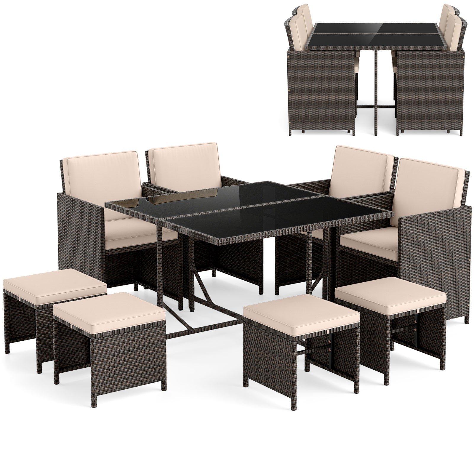 9 Piece Patio Dining Set with Tempered Glass Table and Ottoman, Beige Patio Conversation Sets at Gallery Canada