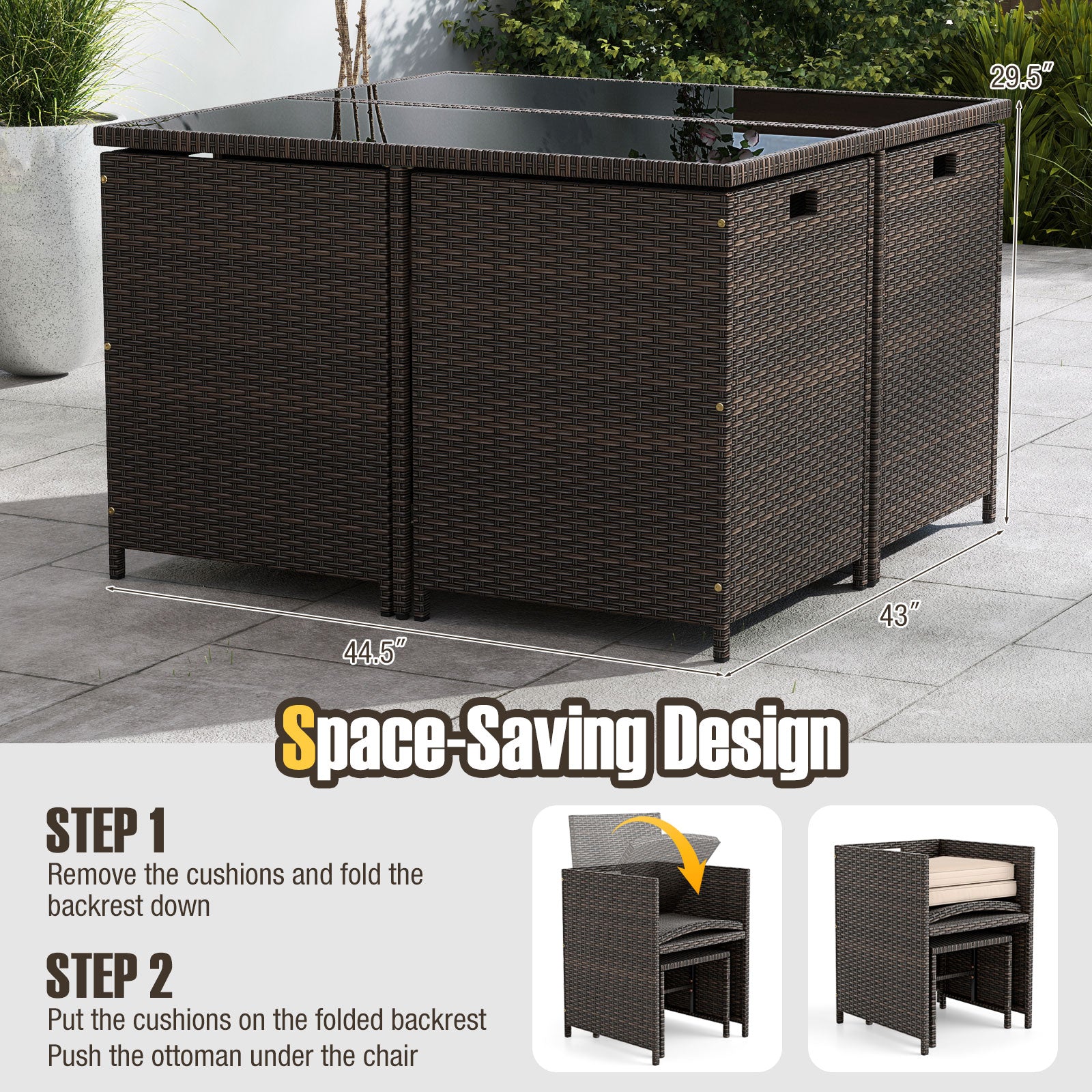 9 Piece Patio Dining Set with Tempered Glass Table and Ottoman, Beige Patio Conversation Sets at Gallery Canada