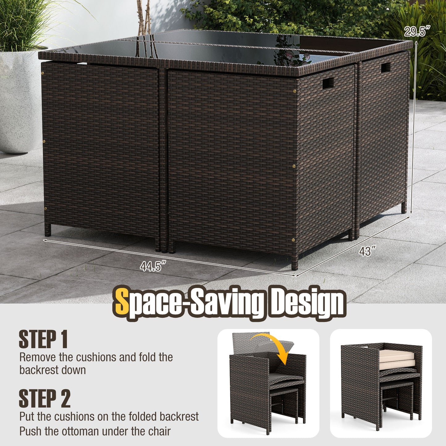 9 Piece Patio Dining Set with Tempered Glass Table and Ottoman, Beige Patio Conversation Sets at Gallery Canada