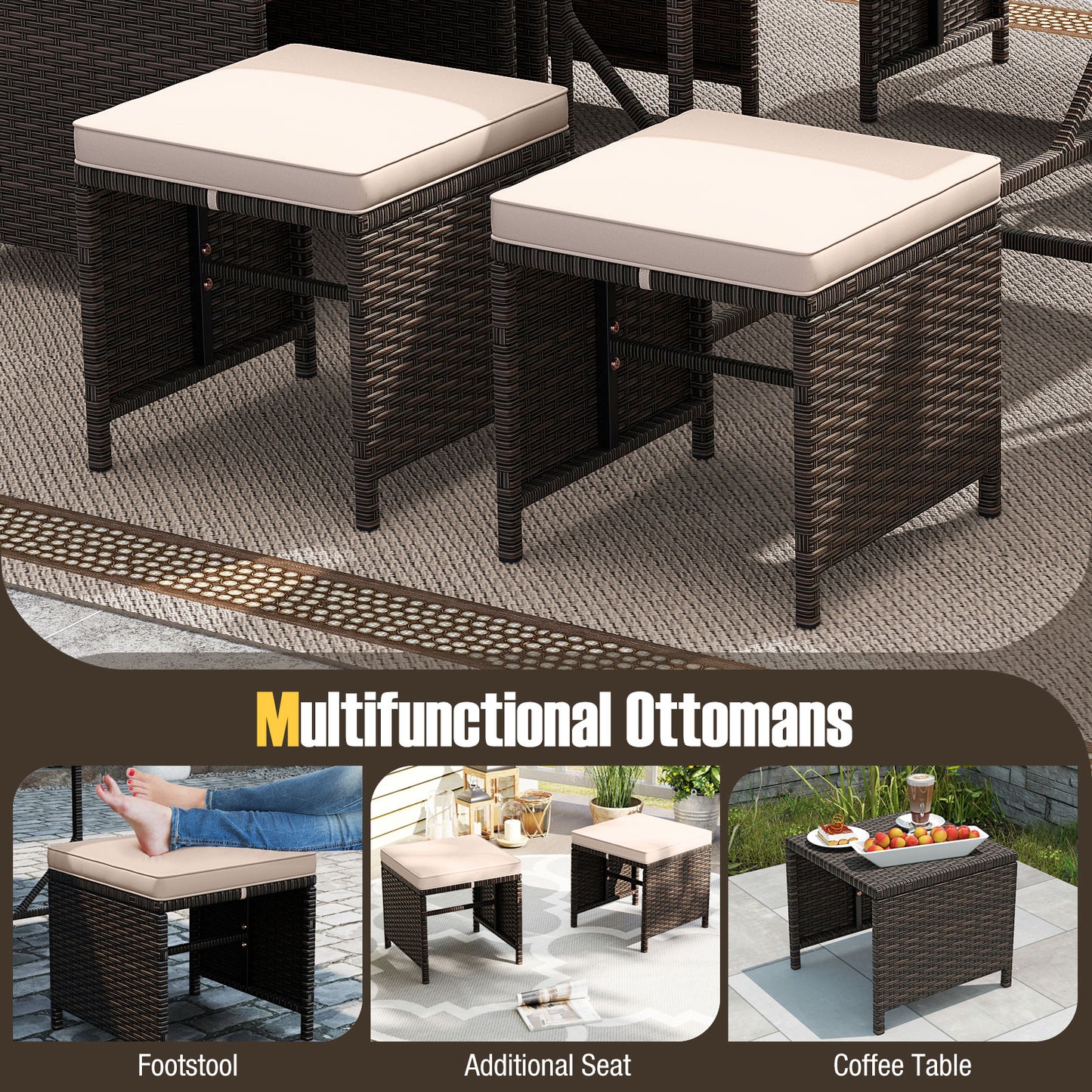 9 Piece Patio Dining Set with Tempered Glass Table and Ottoman, Beige Patio Conversation Sets at Gallery Canada