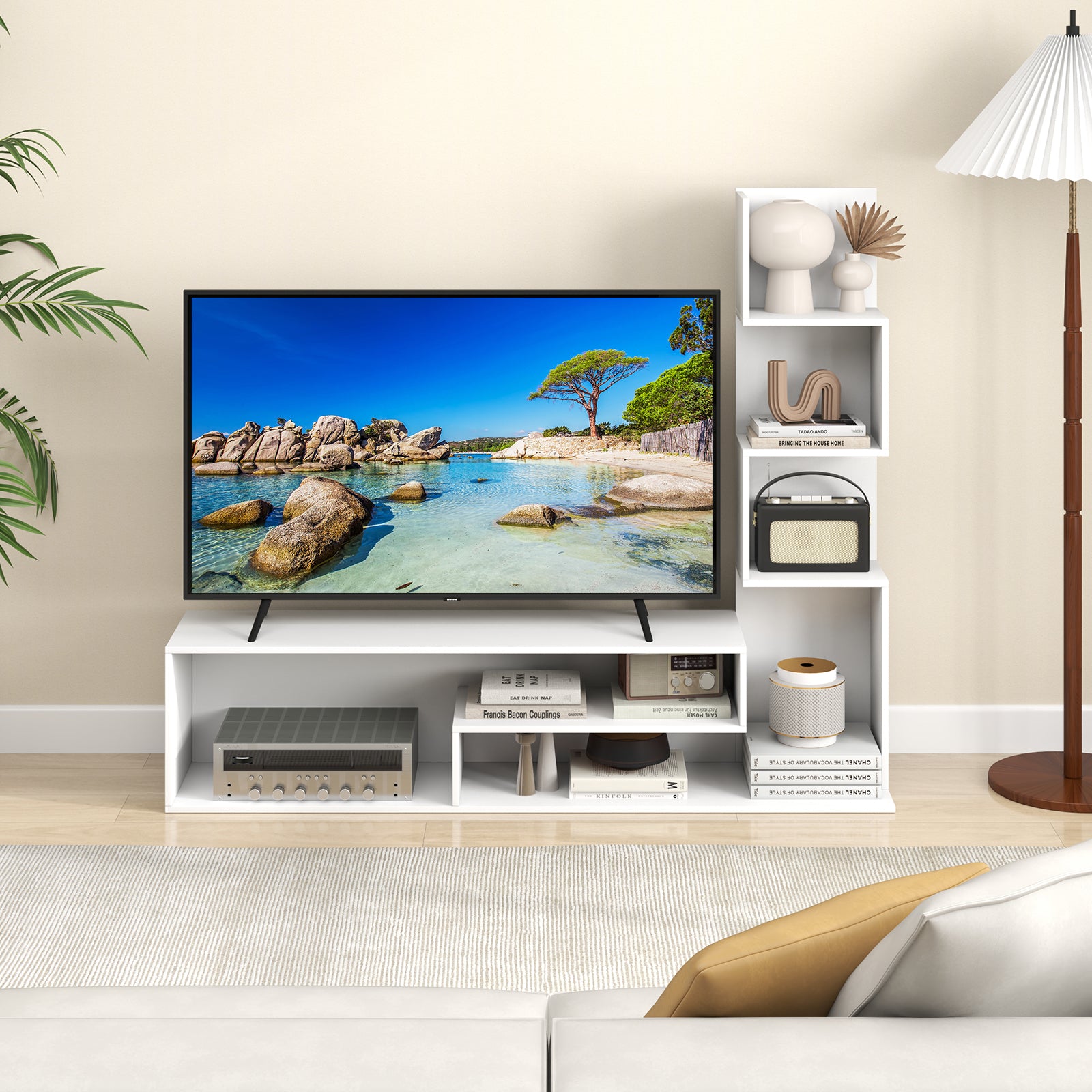 Cube TV Stand for TVs up to 50 Inch Media Console Table with Storage Shelves, White Entertainment Centers & TV Stands at Gallery Canada