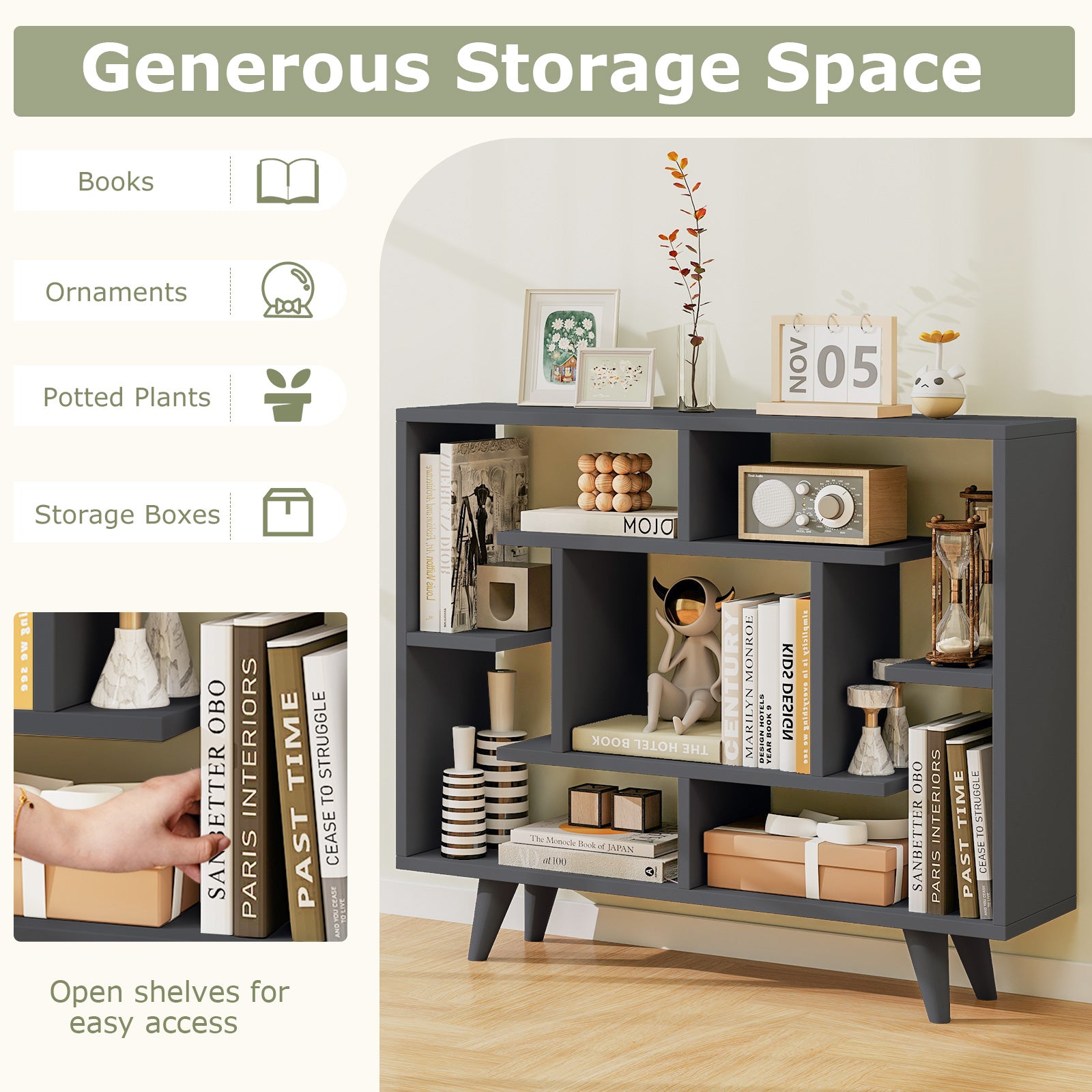 Geometric Bookcase with Anti-Tipping Kit and Storage Shelving Unit, Black Bookcases at Gallery Canada