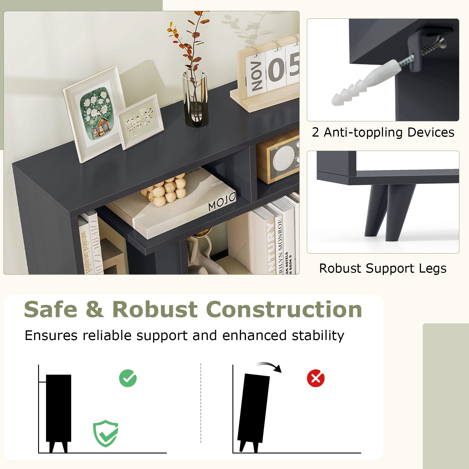 Geometric Bookcase with Anti-Tipping Kit and Storage Shelving Unit, Black Bookcases at Gallery Canada