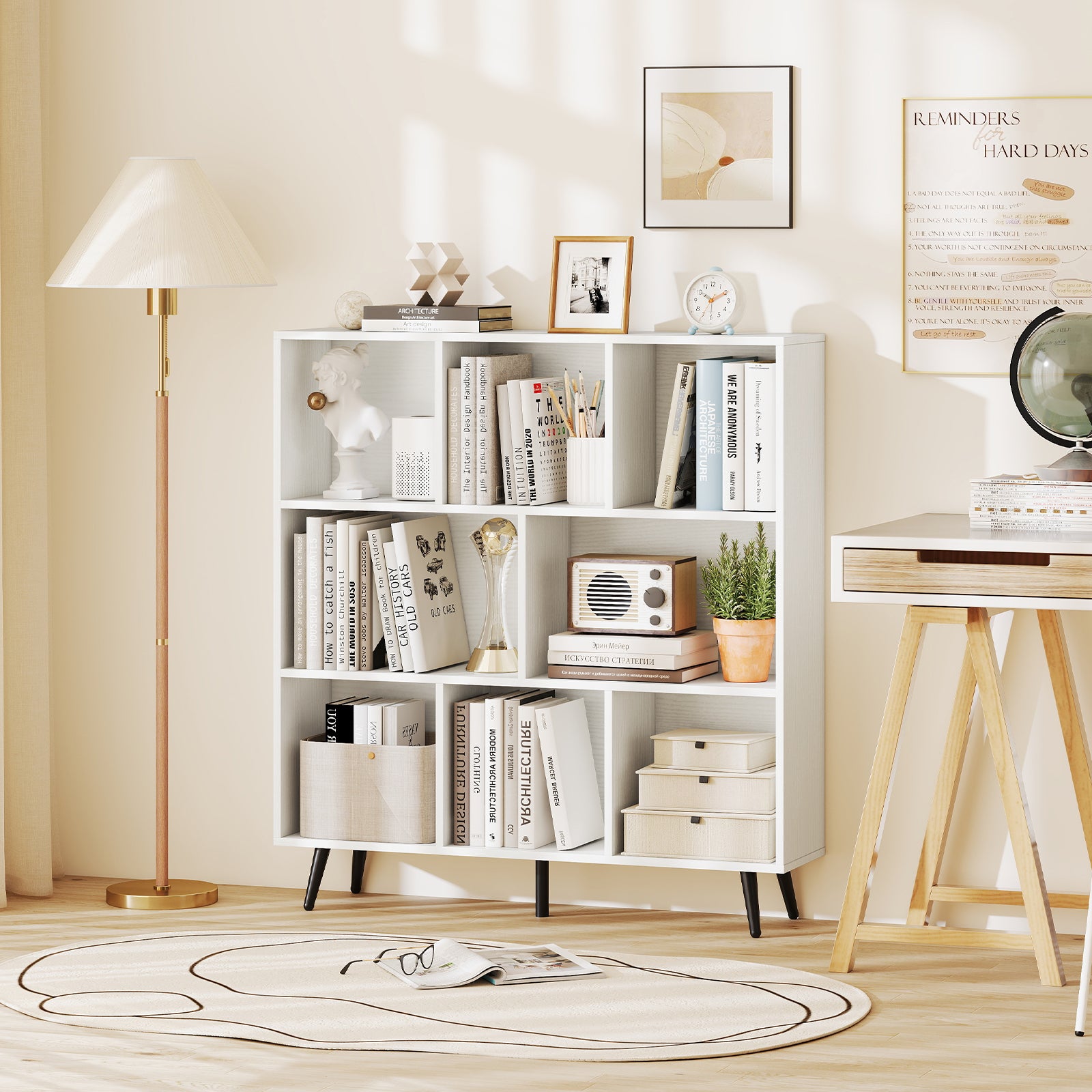 8-Cube Bookcase with 5 Tapered Metal Legs, White Bookcases at Gallery Canada