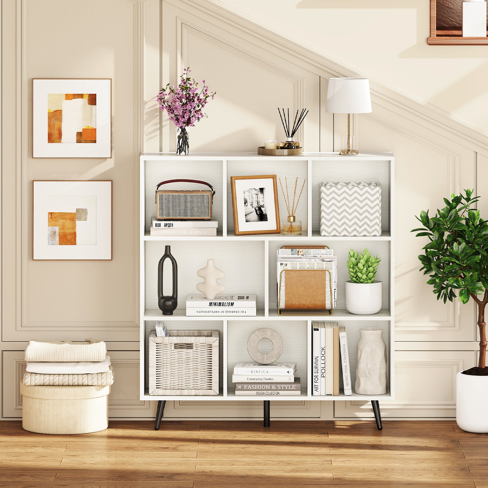 8-Cube Bookcase with 5 Tapered Metal Legs, White Bookcases at Gallery Canada