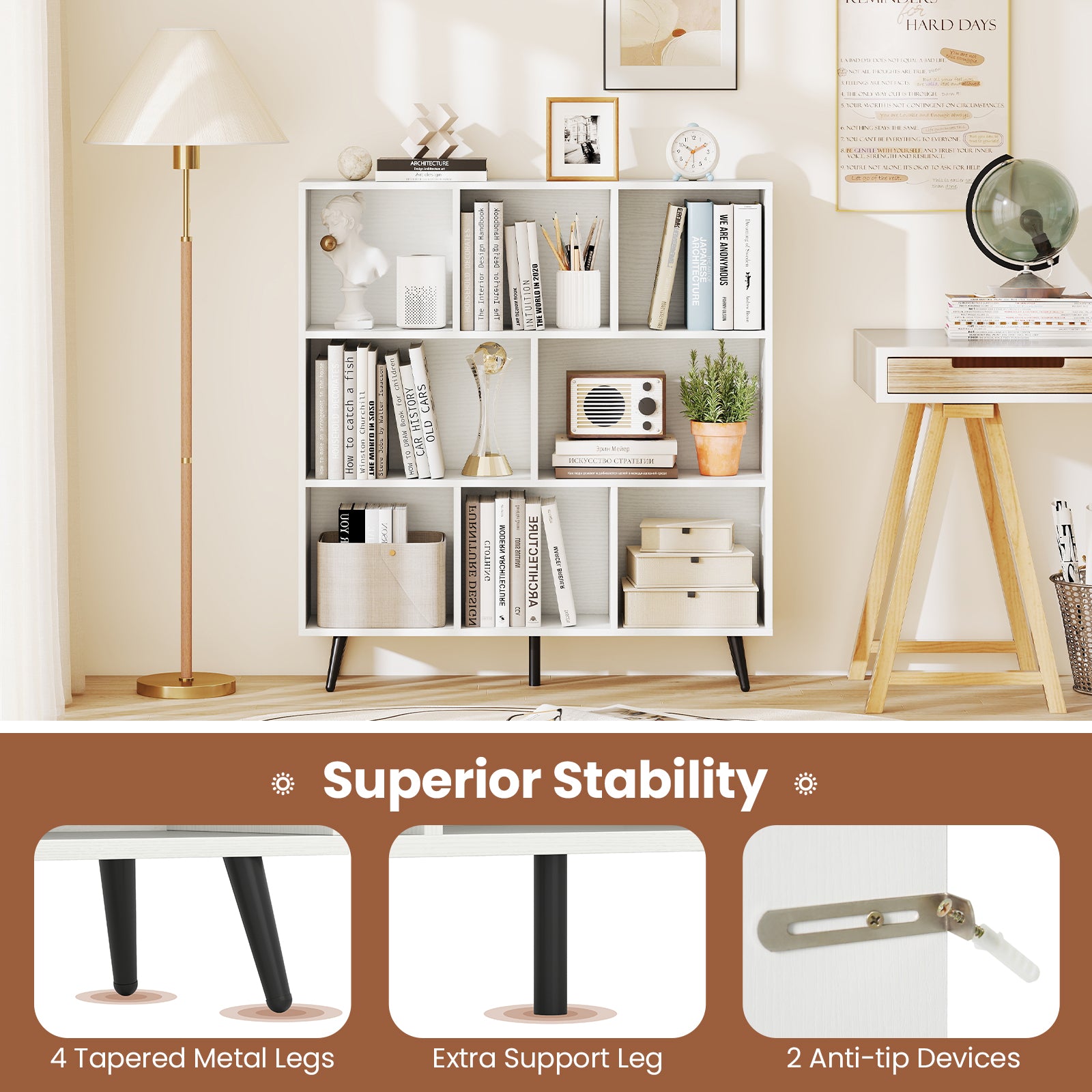 8-Cube Bookcase with 5 Tapered Metal Legs, White Bookcases at Gallery Canada