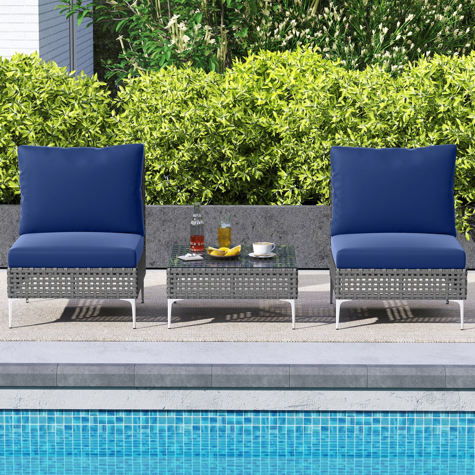 3 Pieces PE Rattan Conversation Chairs with Tempered Glass Coffee Table for Garden Porch, Navy Patio Conversation Sets at Gallery Canada