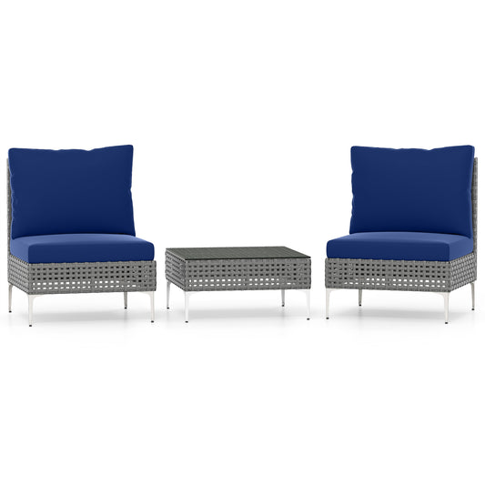 3 Pieces PE Rattan Conversation Chairs with Tempered Glass Coffee Table for Garden Porch, Navy Patio Conversation Sets Navy at Gallery Canada