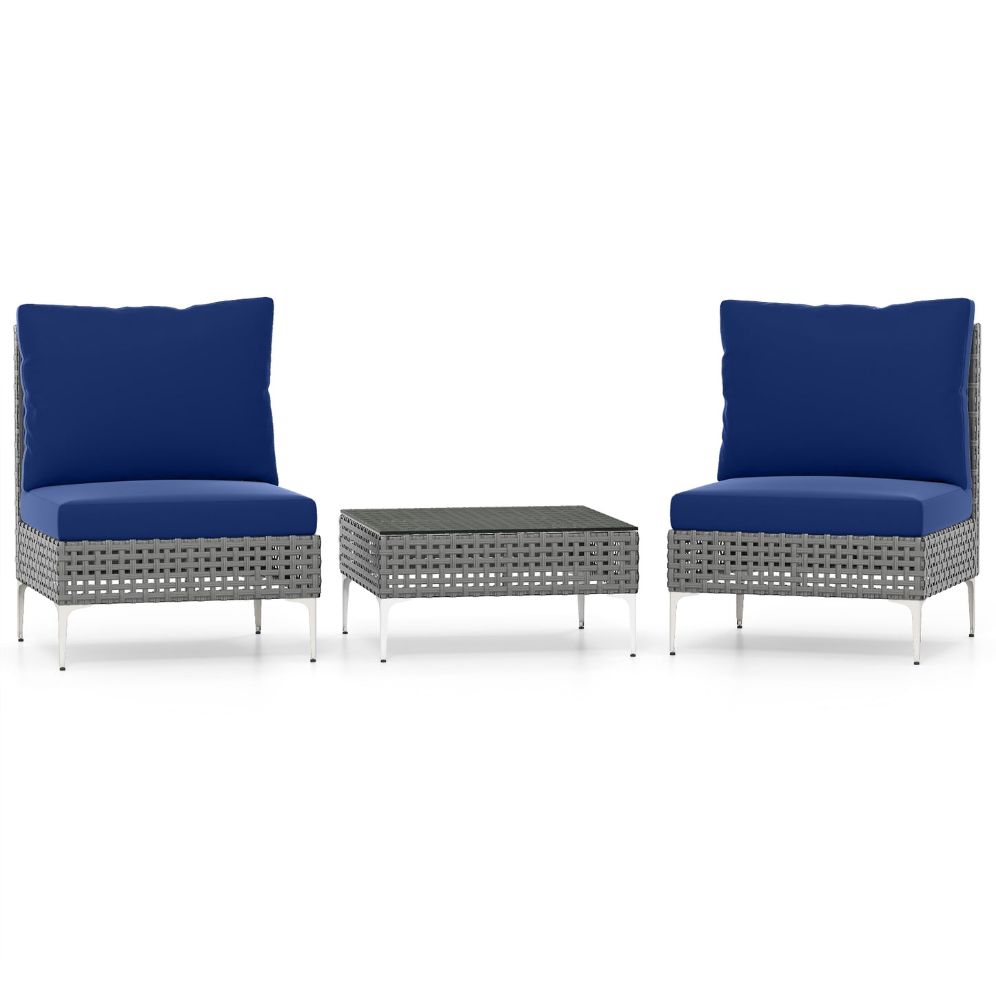 3 Pieces PE Rattan Conversation Chairs with Tempered Glass Coffee Table for Garden Porch, Navy Patio Conversation Sets at Gallery Canada