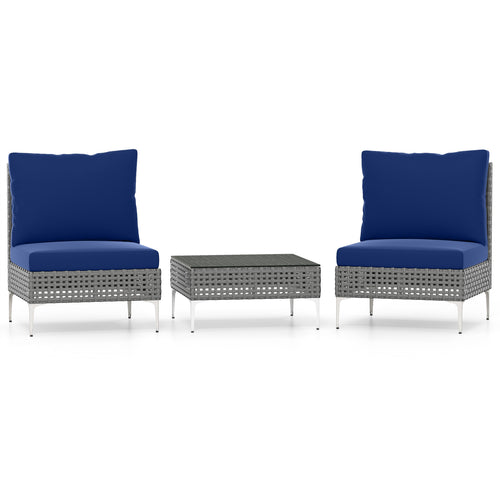 3 Pieces PE Rattan Conversation Chairs with Tempered Glass Coffee Table for Garden Porch, Navy