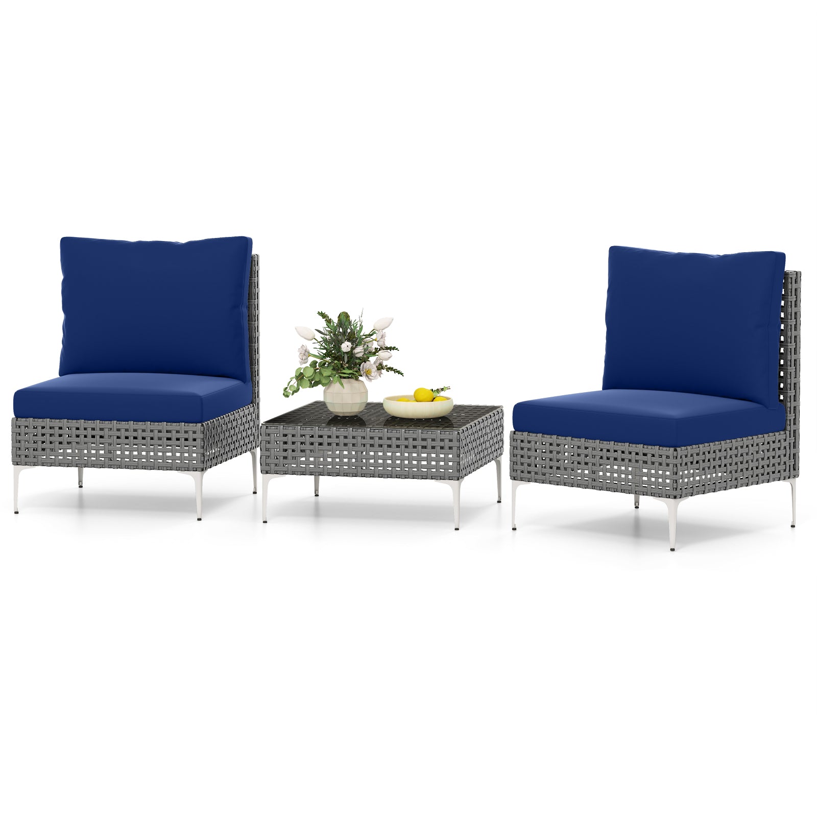 3 Pieces PE Rattan Conversation Chairs with Tempered Glass Coffee Table for Garden Porch, Navy Patio Conversation Sets at Gallery Canada