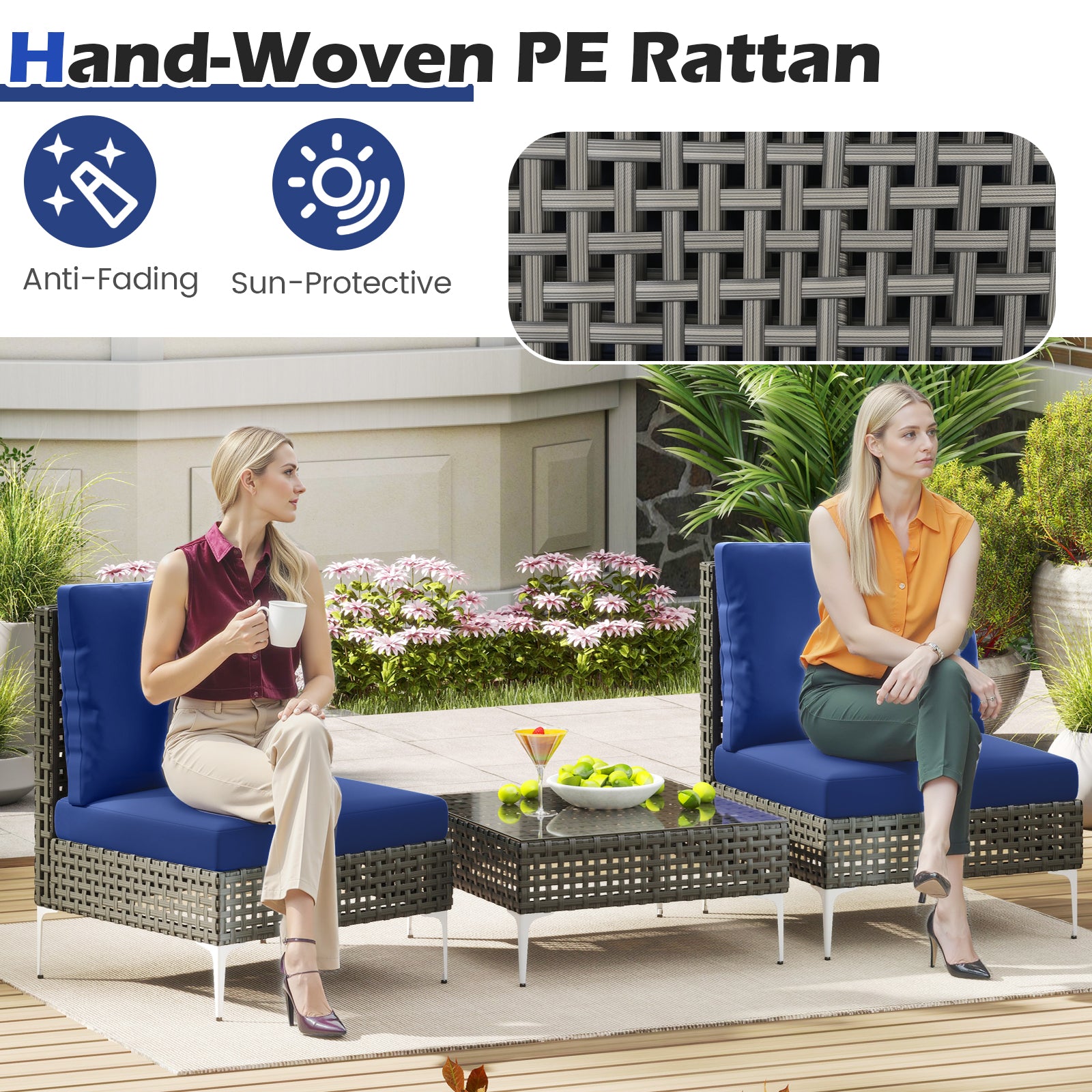 3 Pieces PE Rattan Conversation Chairs with Tempered Glass Coffee Table for Garden Porch, Navy Patio Conversation Sets at Gallery Canada