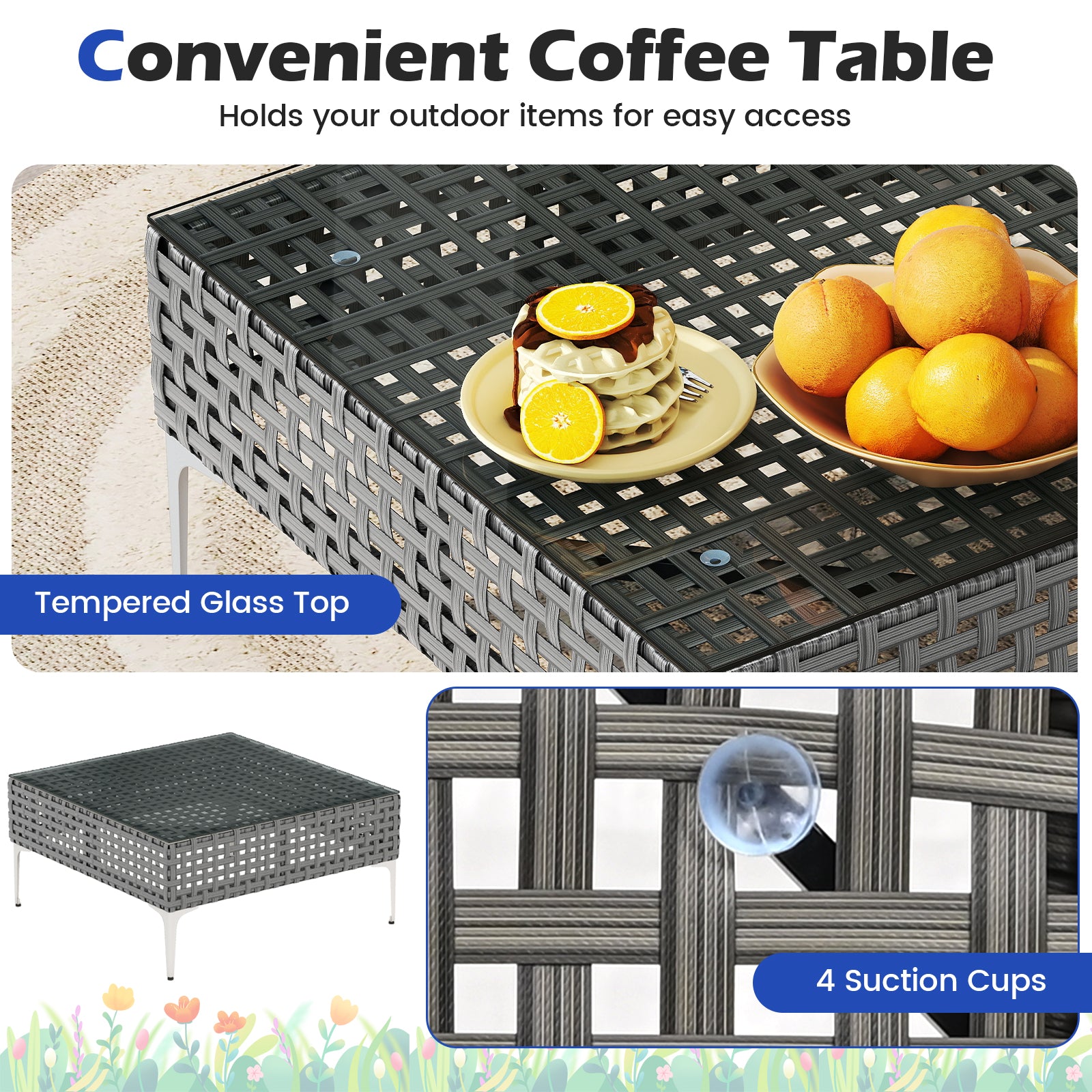 3 Pieces PE Rattan Conversation Chairs with Tempered Glass Coffee Table for Garden Porch, Navy Patio Conversation Sets at Gallery Canada