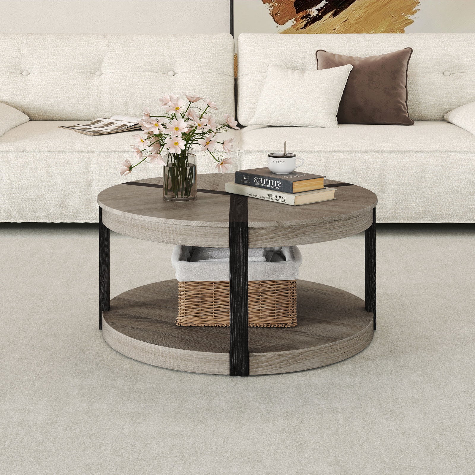 34.5" Rubber Wood 2-Tier Round Center Table with Spacious Tabletop and Storage Shelf, Gray Coffee Tables at Gallery Canada