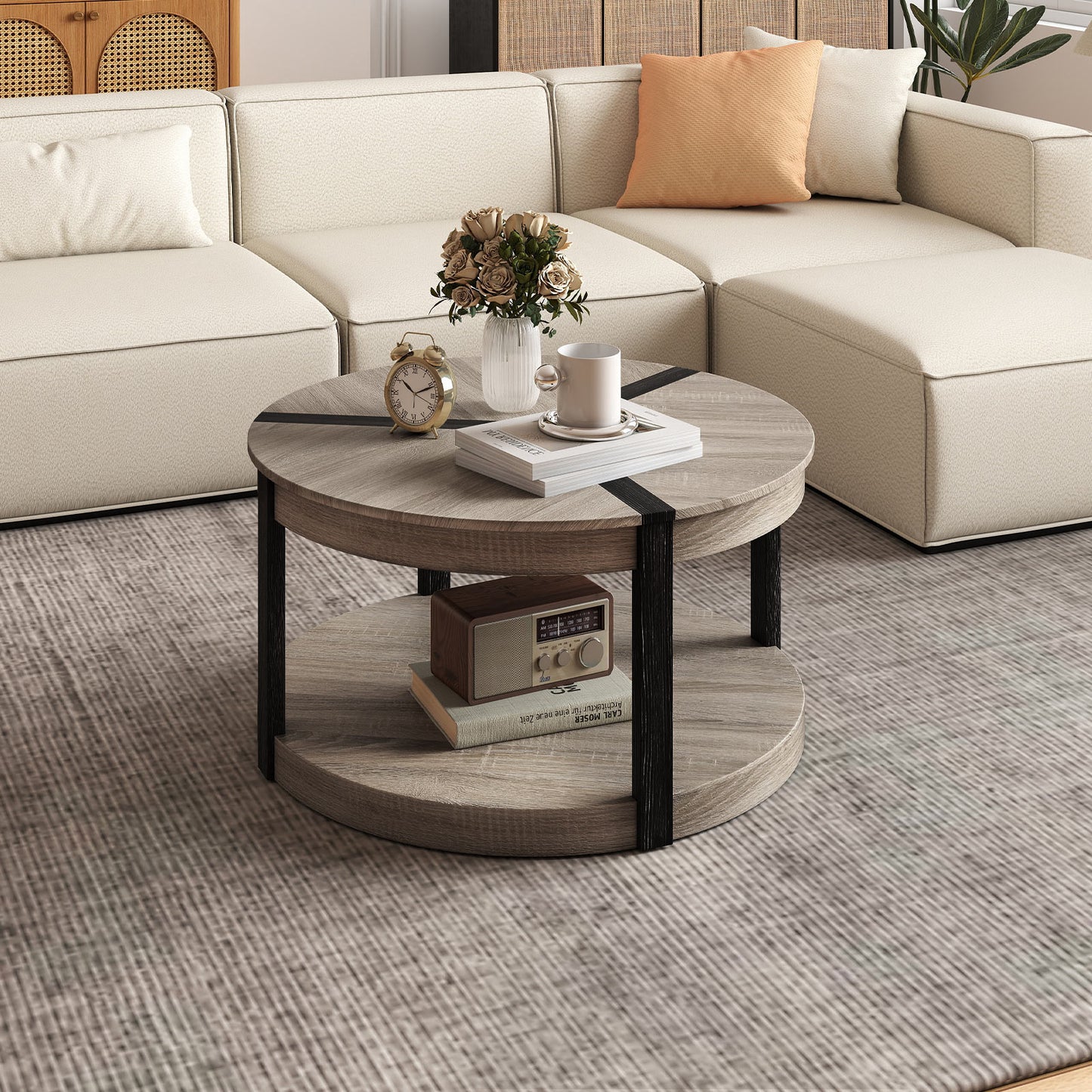 34.5" Rubber Wood 2-Tier Round Center Table with Spacious Tabletop and Storage Shelf, Gray Coffee Tables at Gallery Canada