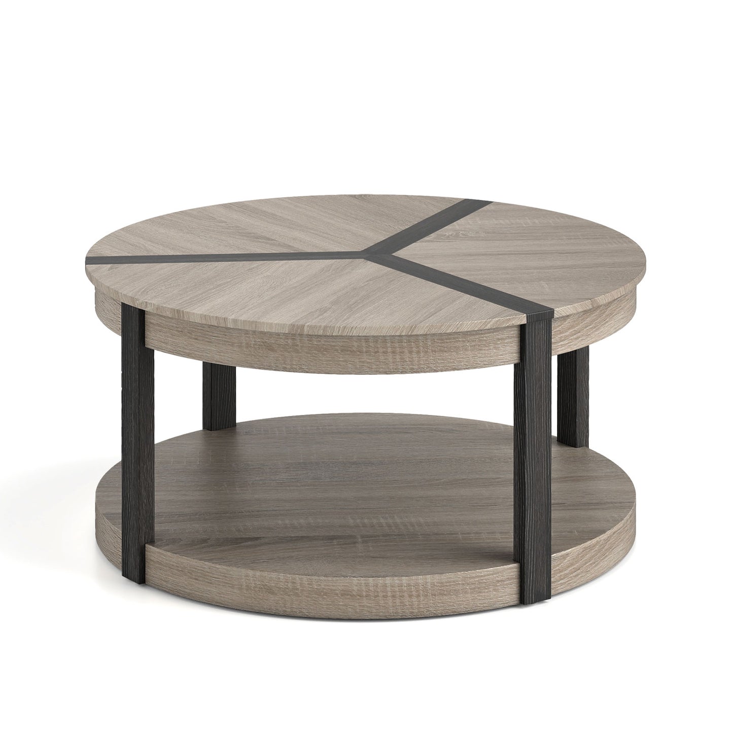 34.5" Rubber Wood Round Center Table, 2-Tier Storage Shelf, Gray Coffee Tables at Gallery Canada