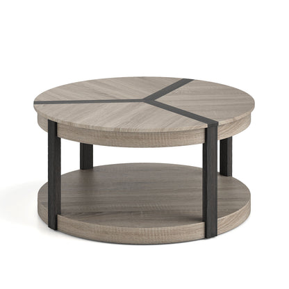34.5" Rubber Wood Round Center Table, 2-Tier Storage Shelf, Gray Coffee Tables at Gallery Canada