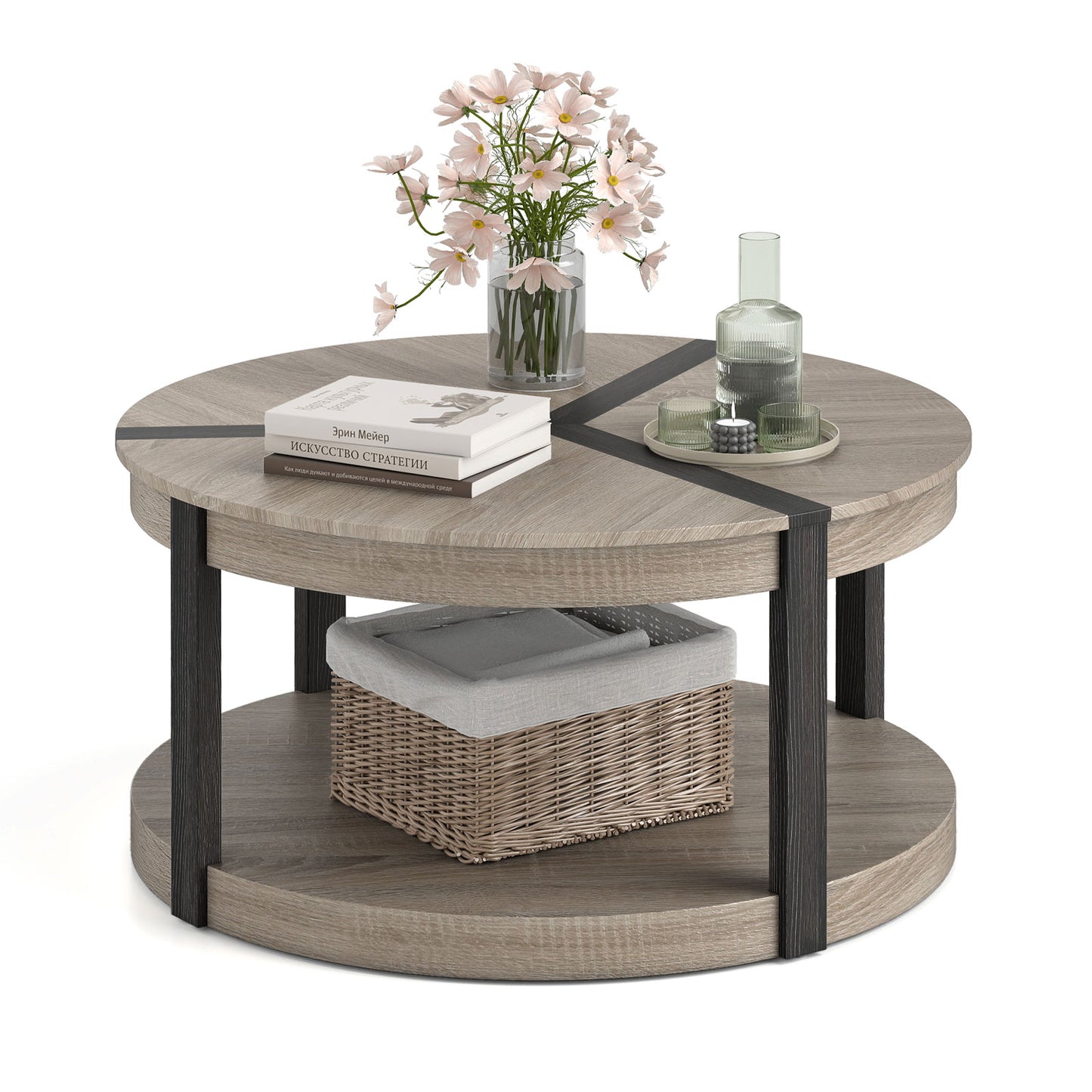 34.5" Rubber Wood 2-Tier Round Center Table with Spacious Tabletop and Storage Shelf, Gray Coffee Tables at Gallery Canada