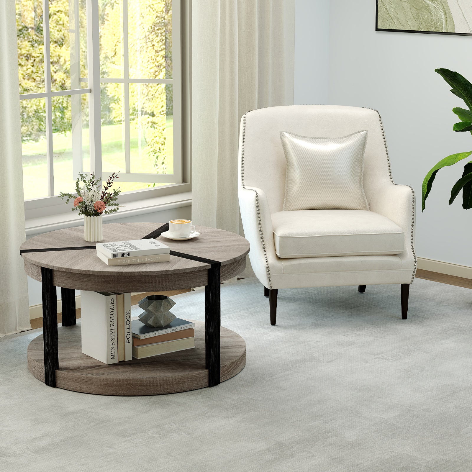 34.5" Rubber Wood 2-Tier Round Center Table with Spacious Tabletop and Storage Shelf, Gray Coffee Tables at Gallery Canada