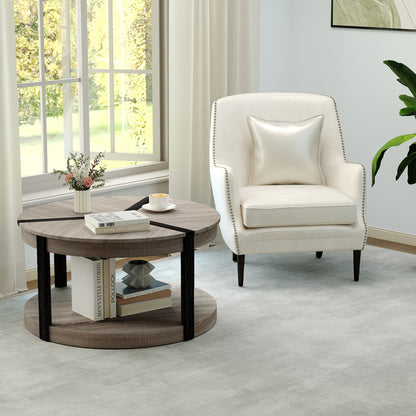 34.5" Rubber Wood 2-Tier Round Center Table with Spacious Tabletop and Storage Shelf, Gray Coffee Tables at Gallery Canada