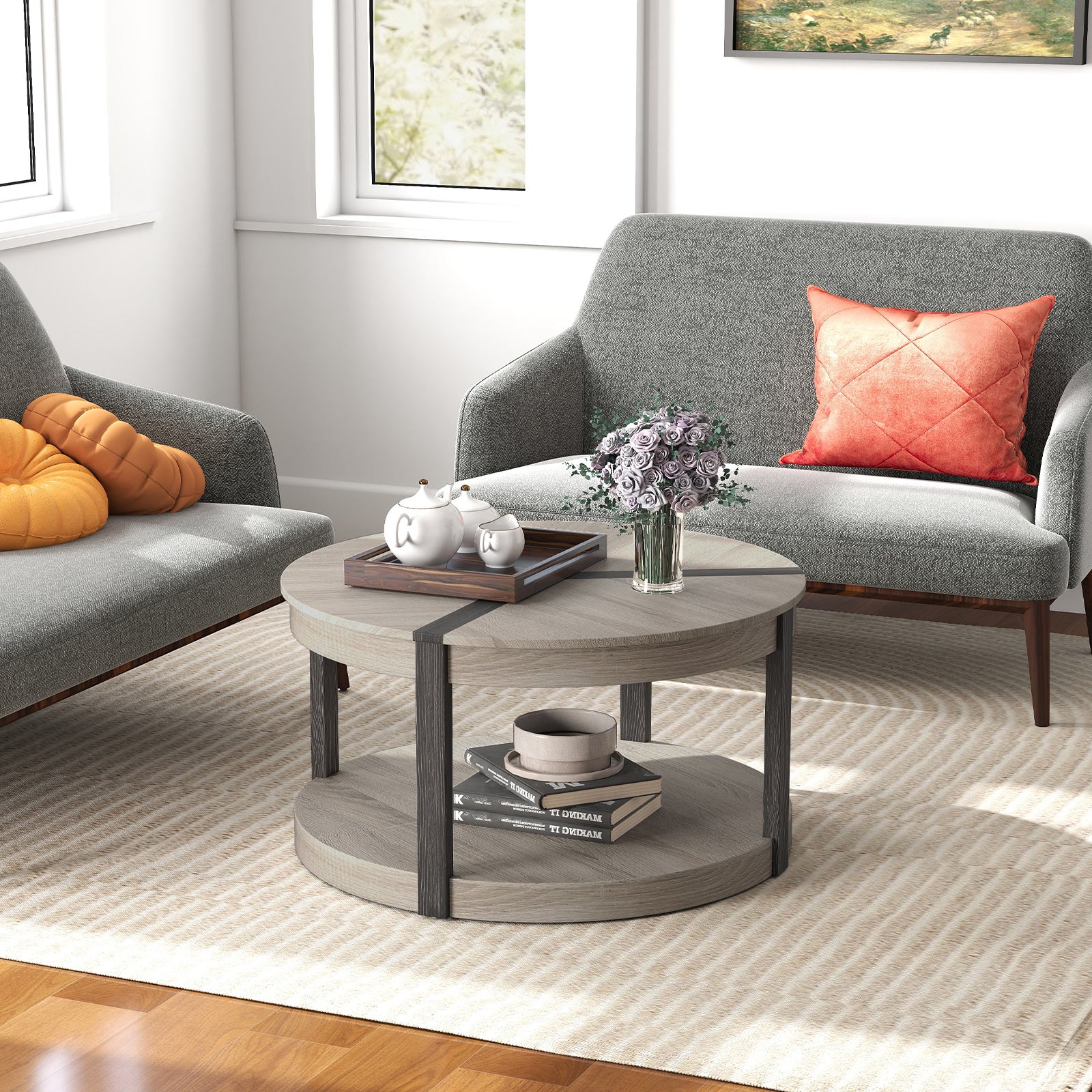 34.5" Rubber Wood 2-Tier Round Center Table with Spacious Tabletop and Storage Shelf, Gray Coffee Tables at Gallery Canada