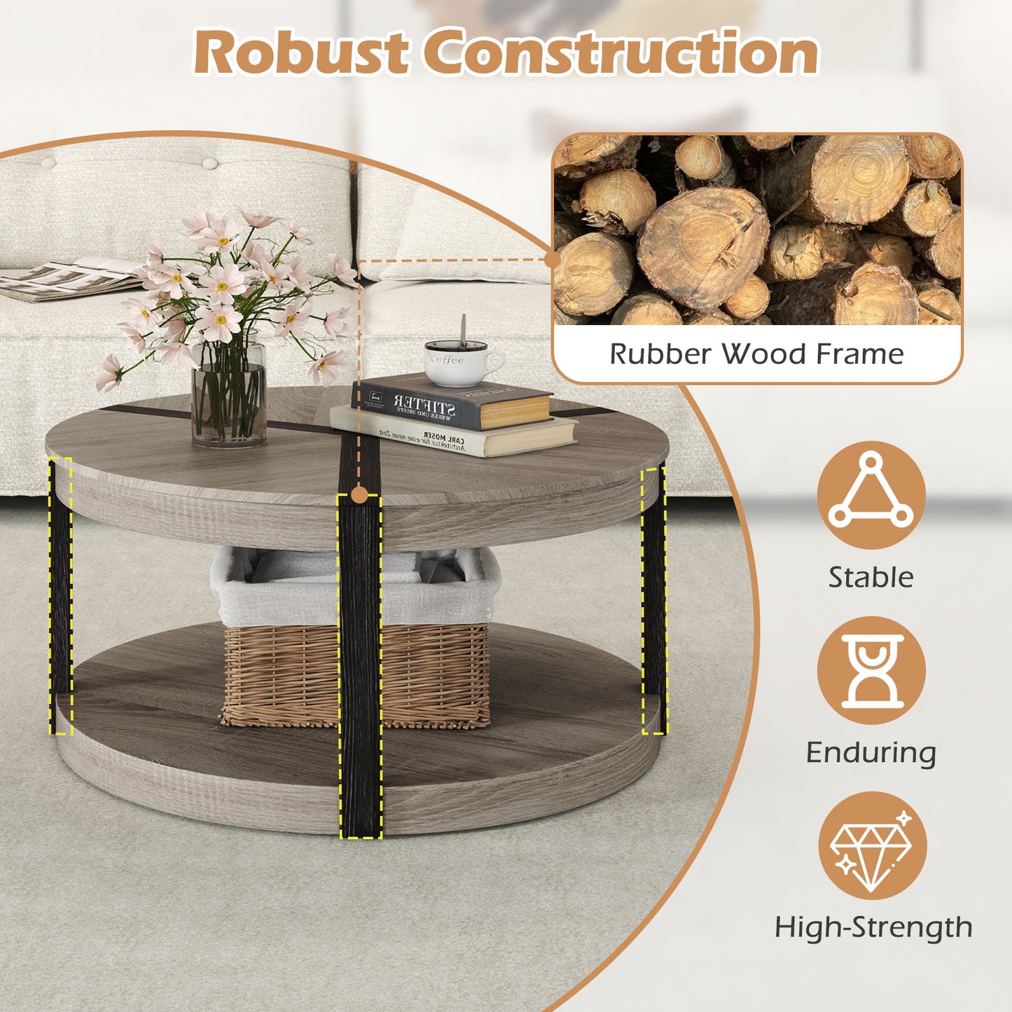 34.5" Rubber Wood 2-Tier Round Center Table with Spacious Tabletop and Storage Shelf, Gray Coffee Tables at Gallery Canada