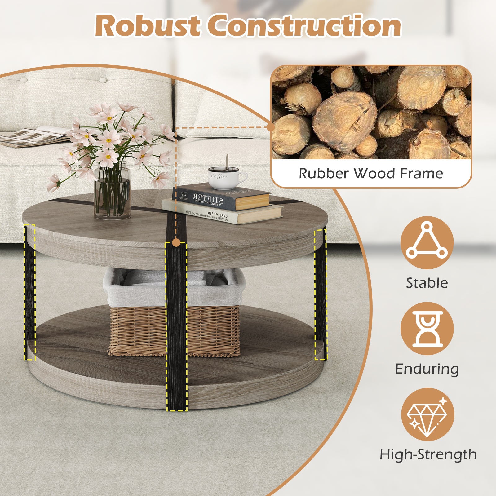 34.5" Rubber Wood 2-Tier Round Center Table with Spacious Tabletop and Storage Shelf, Gray Coffee Tables at Gallery Canada