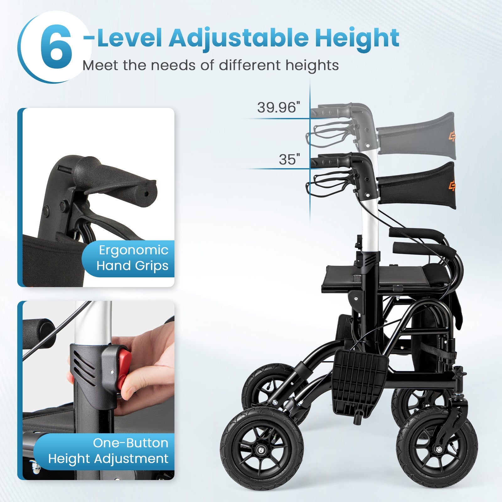 2-in-1 Foldable Rollator Walker with Seat abd 9 Inch Pneumatic Tires for Seniors, Black Walkers & Rollators at Gallery Canada