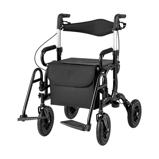 Foldable Rollator Walker With Seat, 9 Inch Pneumatic Tires, Black