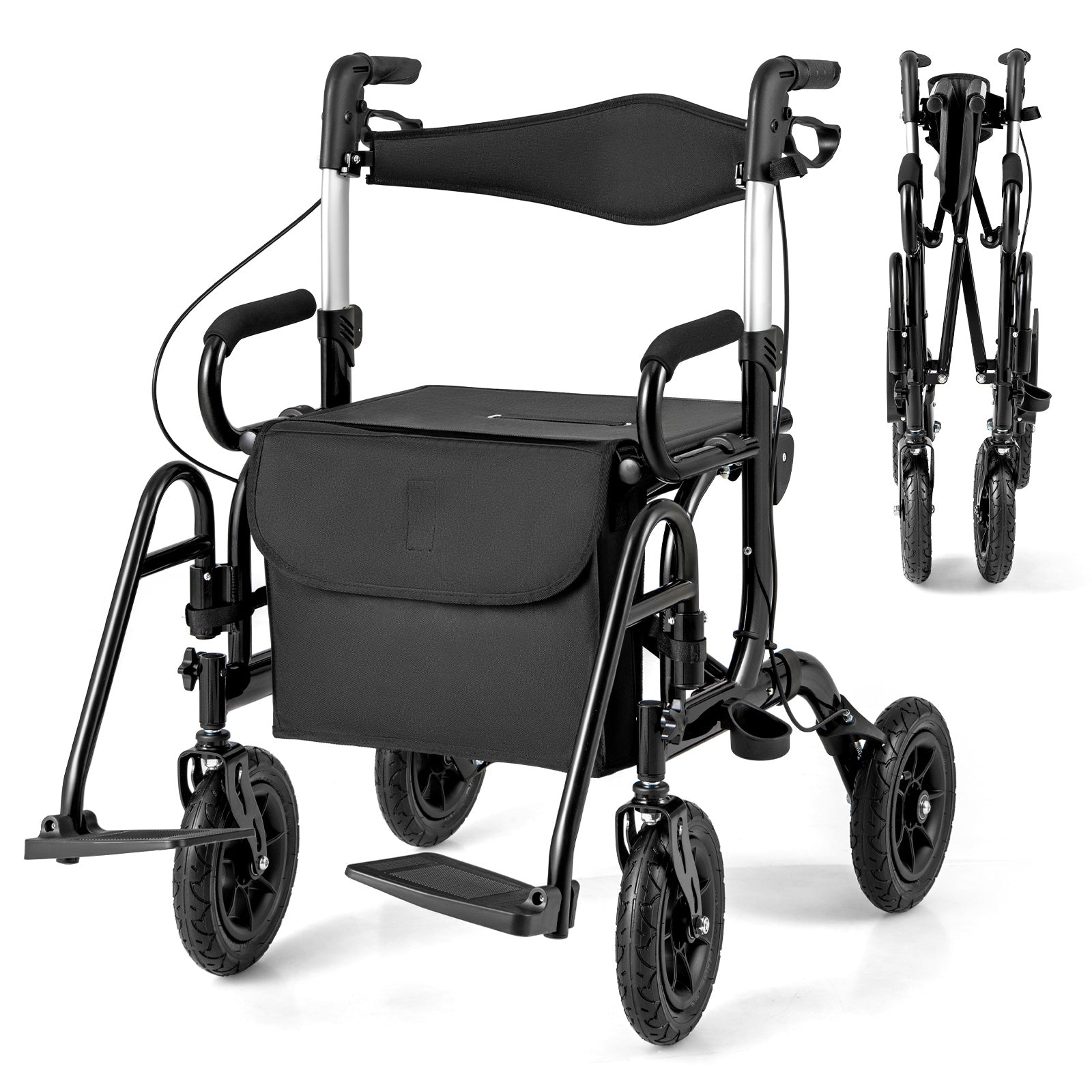 2-in-1 Foldable Rollator Walker with Seat abd 9 Inch Pneumatic Tires for Seniors, Black Walkers & Rollators at Gallery Canada