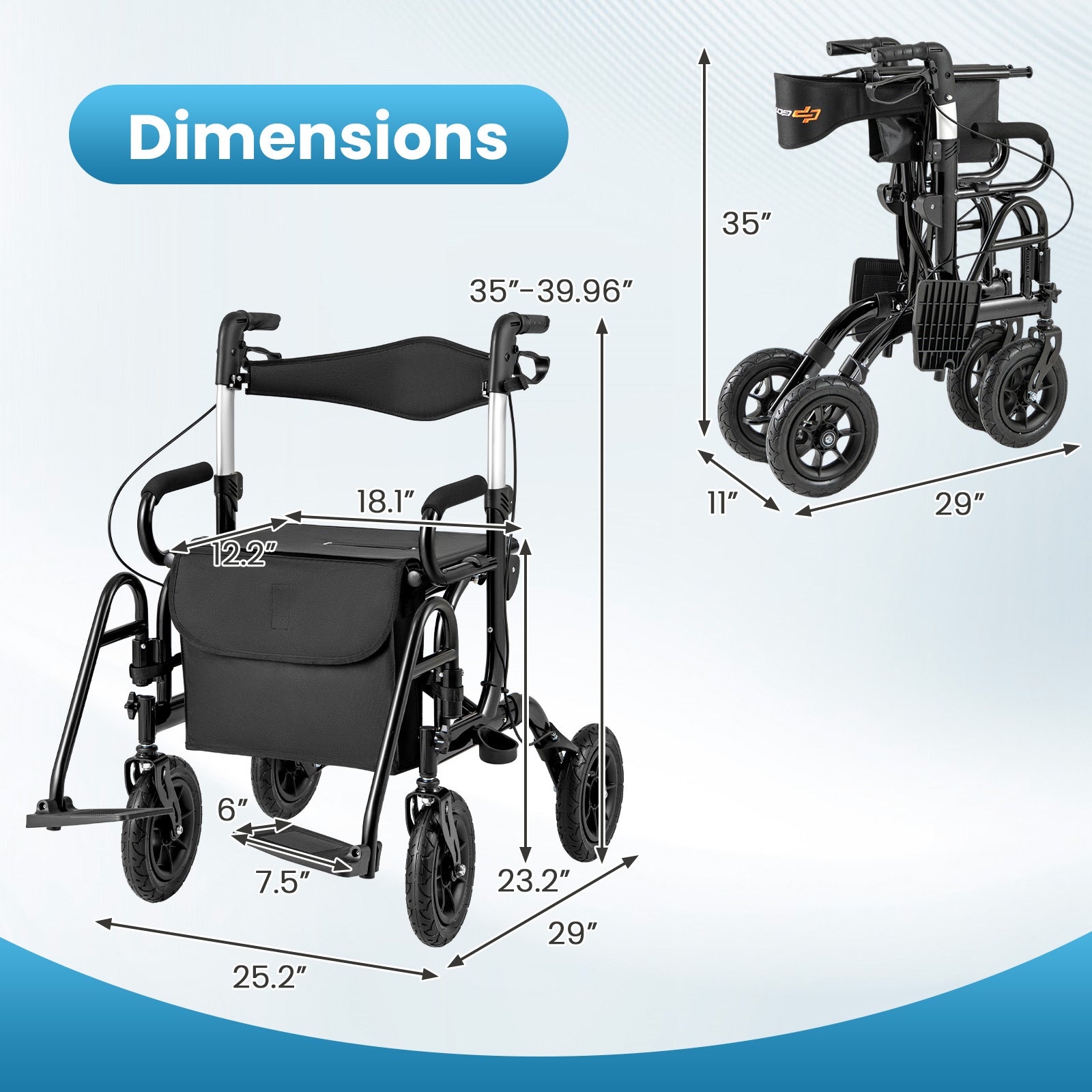 2-in-1 Foldable Rollator Walker with Seat abd 9 Inch Pneumatic Tires for Seniors, Black Walkers & Rollators at Gallery Canada