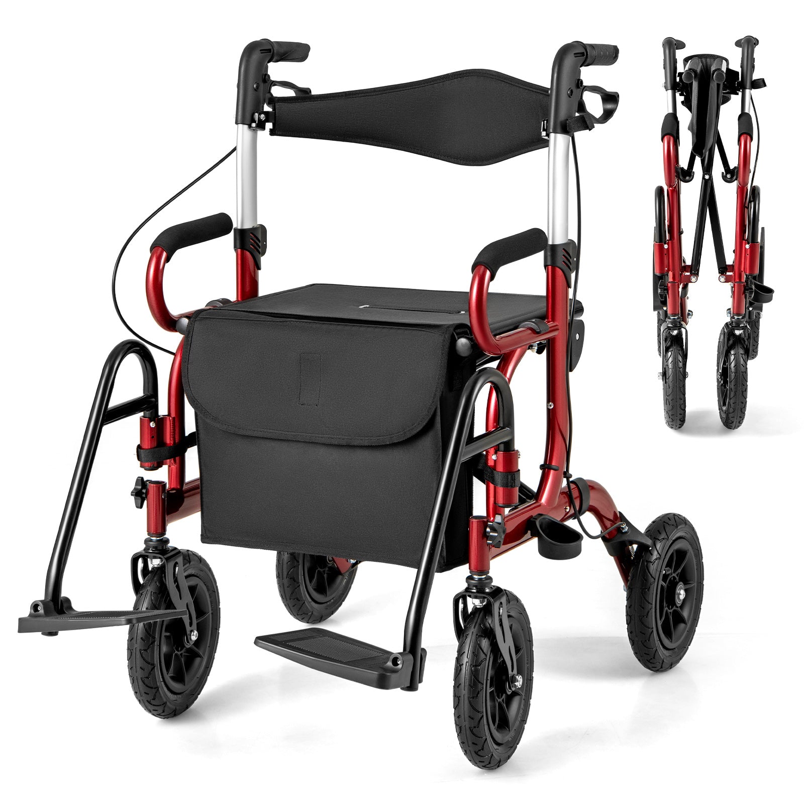2-in-1 Foldable Rollator Walker with Seat abd 9 Inch Pneumatic Tires for Seniors, Red Walkers & Rollators at Gallery Canada