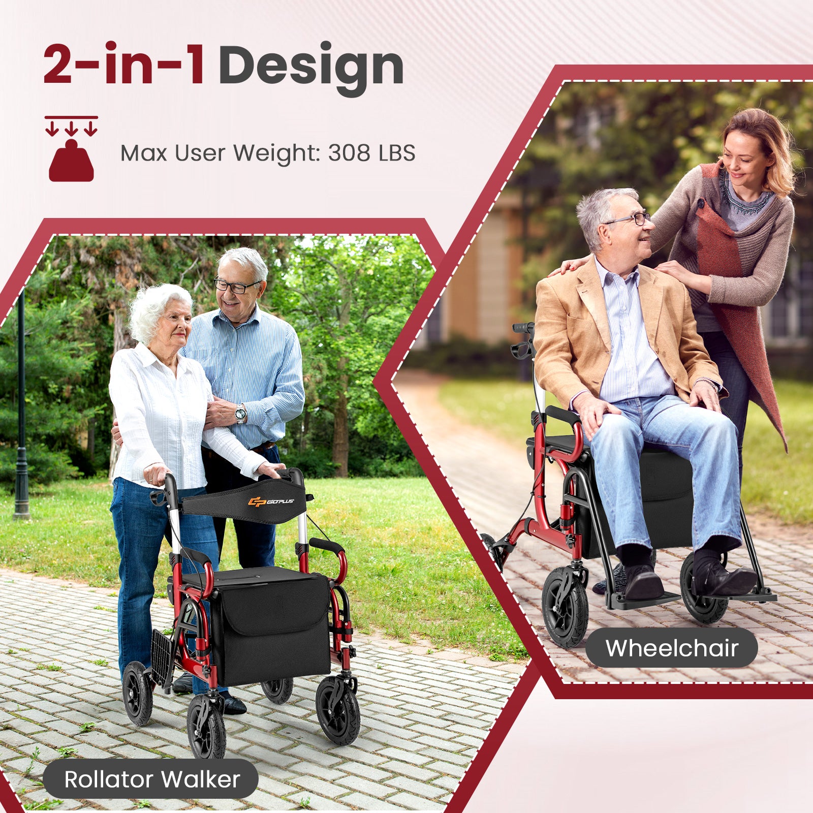 2-in-1 Foldable Rollator Walker with Seat abd 9 Inch Pneumatic Tires for Seniors, Red Walkers & Rollators at Gallery Canada