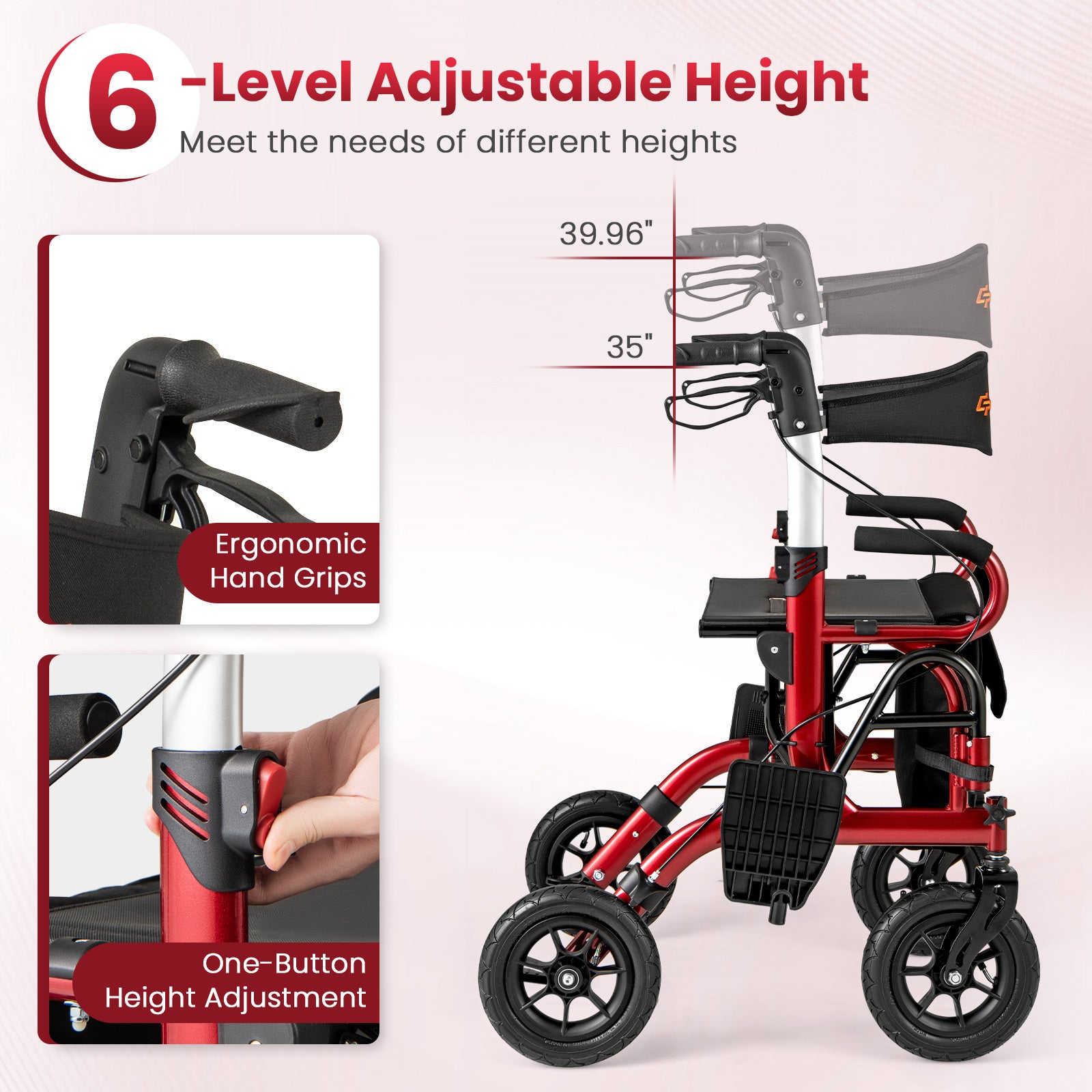 2-in-1 Foldable Rollator Walker with Seat abd 9 Inch Pneumatic Tires for Seniors, Red Walkers & Rollators at Gallery Canada