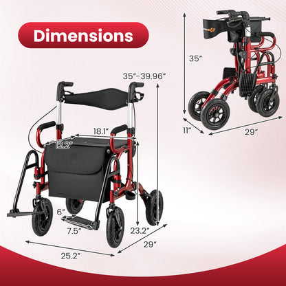 2-in-1 Foldable Rollator Walker with Seat abd 9 Inch Pneumatic Tires for Seniors, Red Walkers & Rollators at Gallery Canada