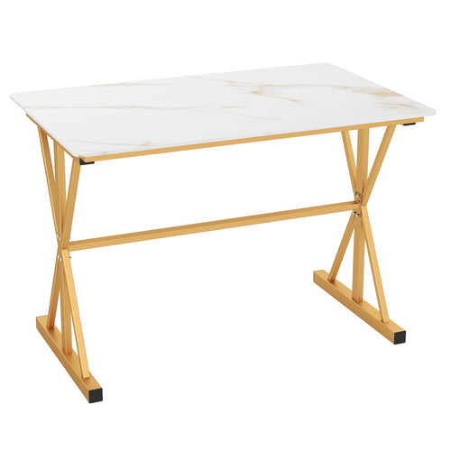 44 Inches Sintered Stone Dining Table, Metal Frame, Faux Marble Tabletop, White