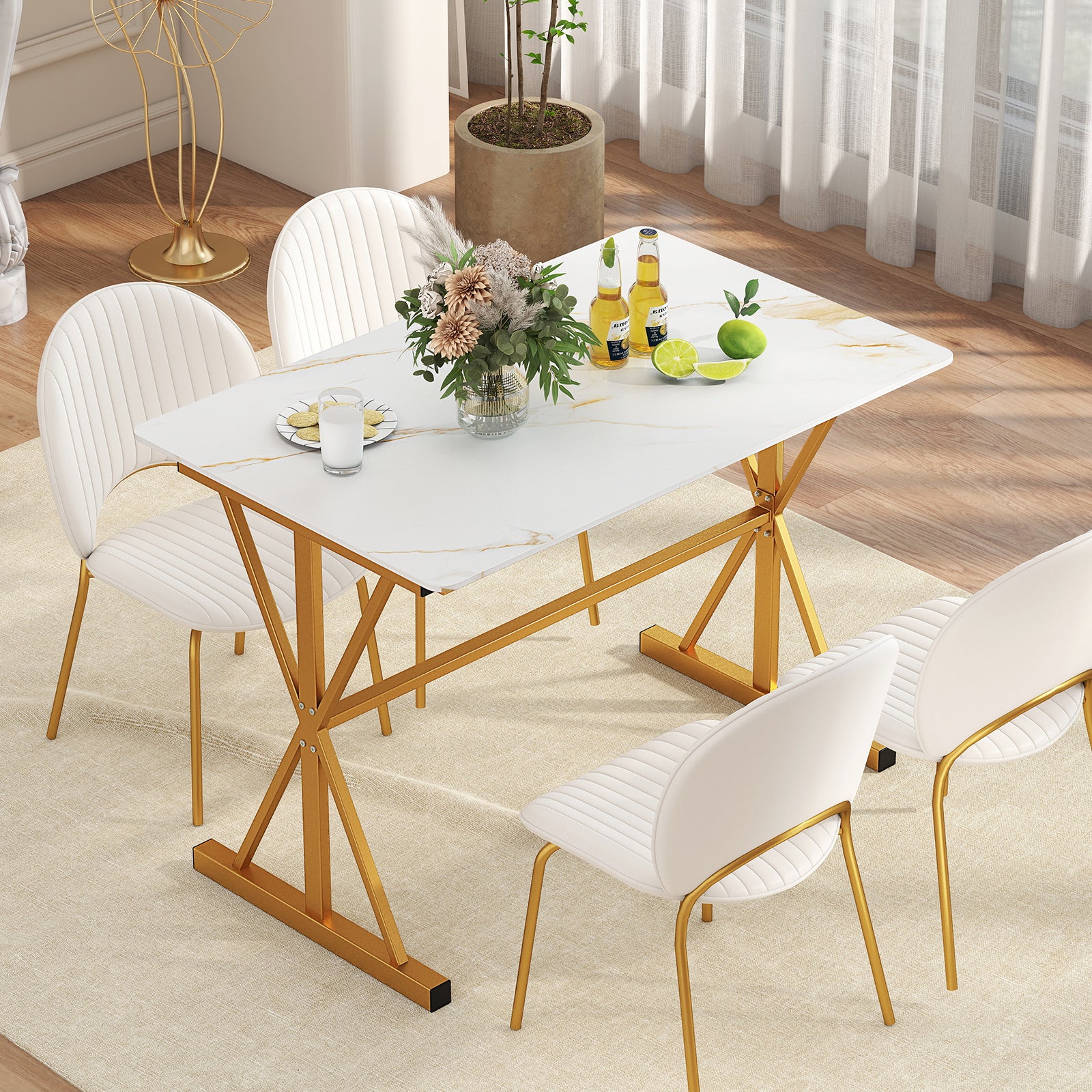 44 Inches Sintered Stone Dining Table with Metal Frame and Faux Marble Tabletop, White Dining Tables at Gallery Canada