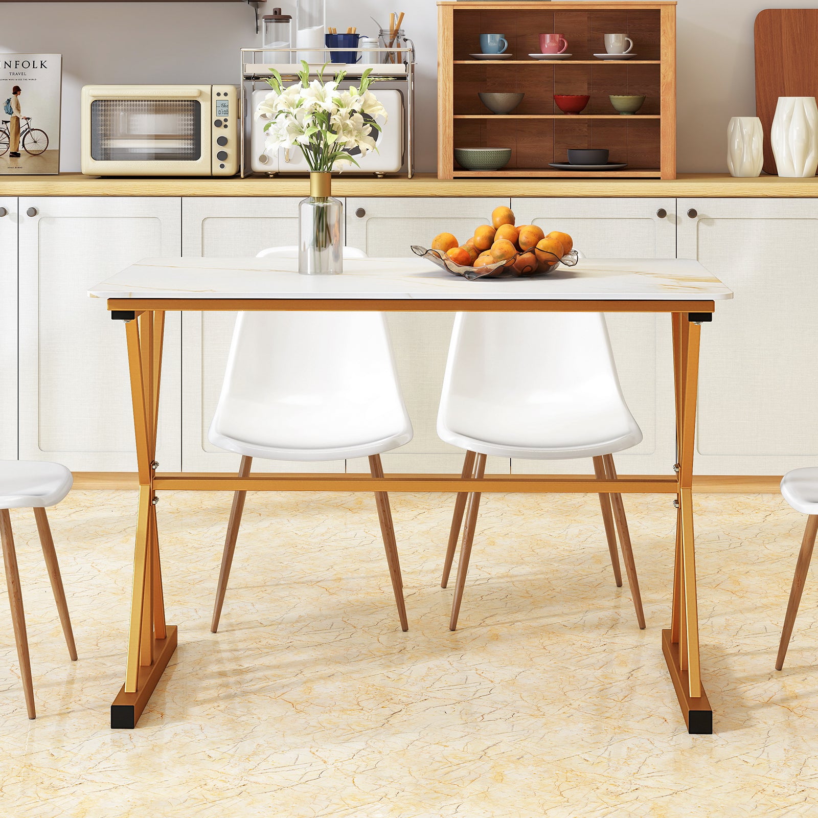 44 Inches Sintered Stone Dining Table with Metal Frame and Faux Marble Tabletop, White Dining Tables at Gallery Canada