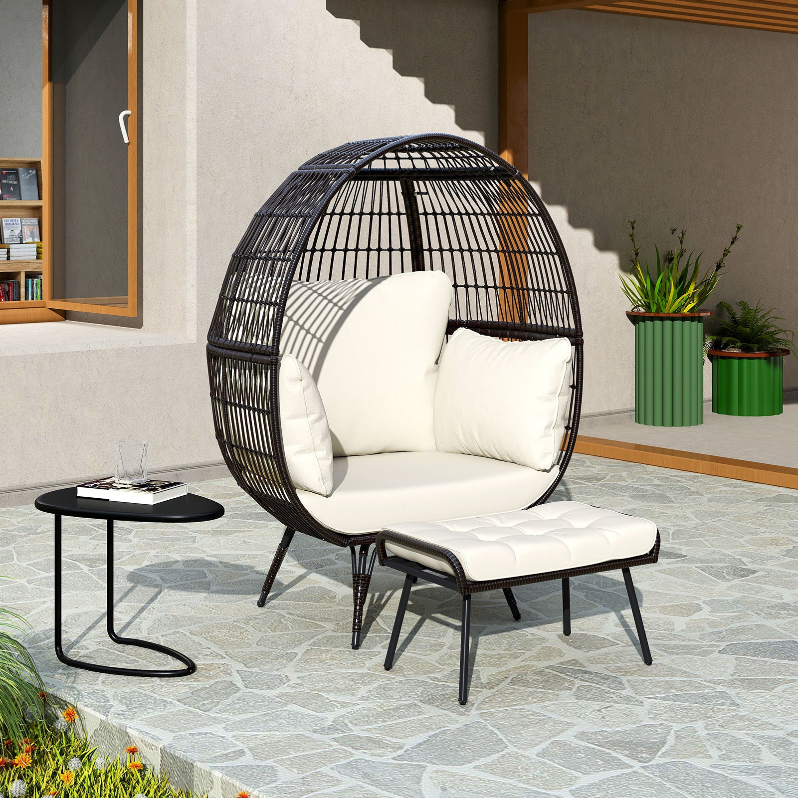 Oversized Egg Chair with Ottoman and Soft Cushions, White Outdoor Chaise Lounges at Gallery Canada