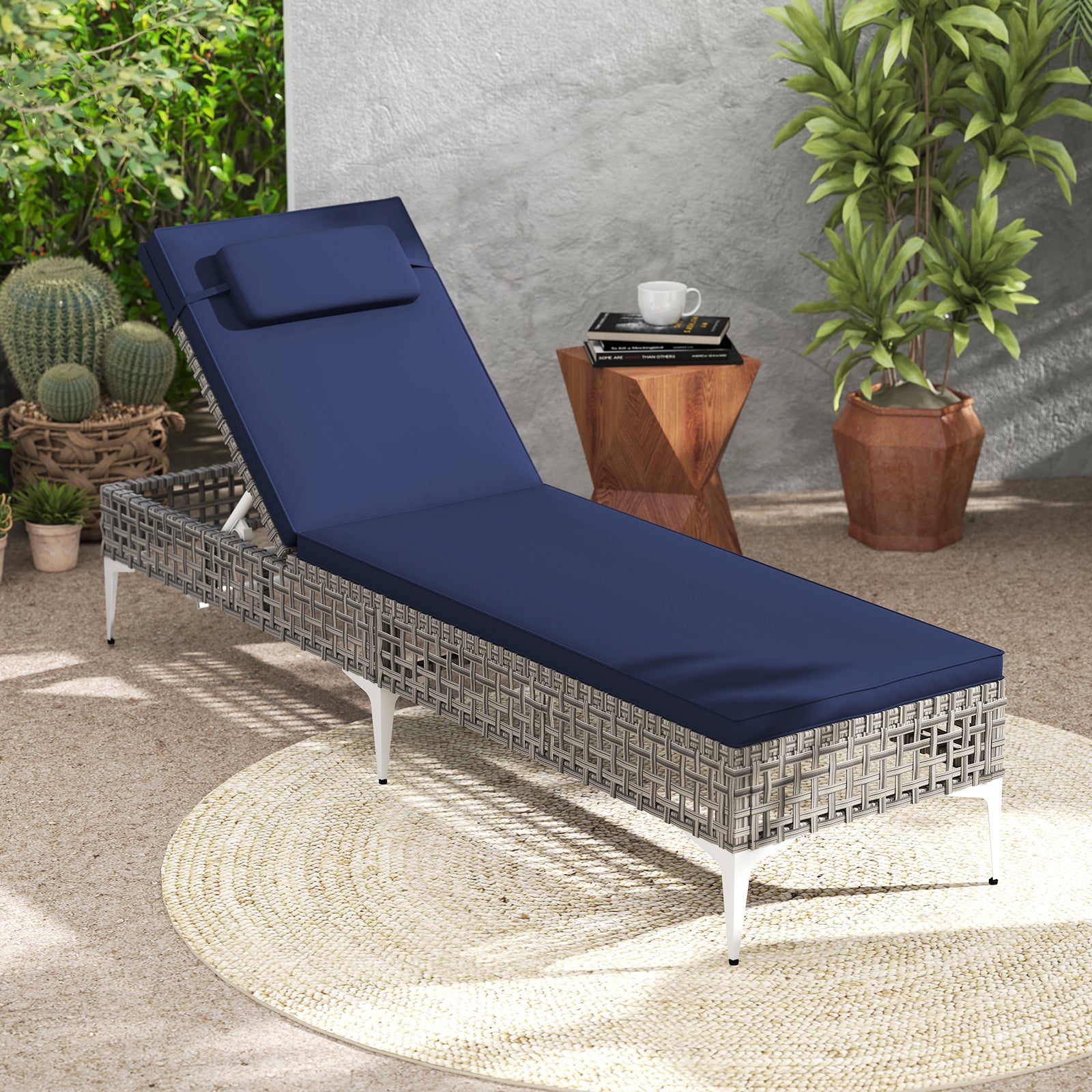 Patio Chaise Lounge Chair with 6-Level Adjustable Backrest and Headrest for Poolside, Navy Outdoor Chaise Lounges at Gallery Canada