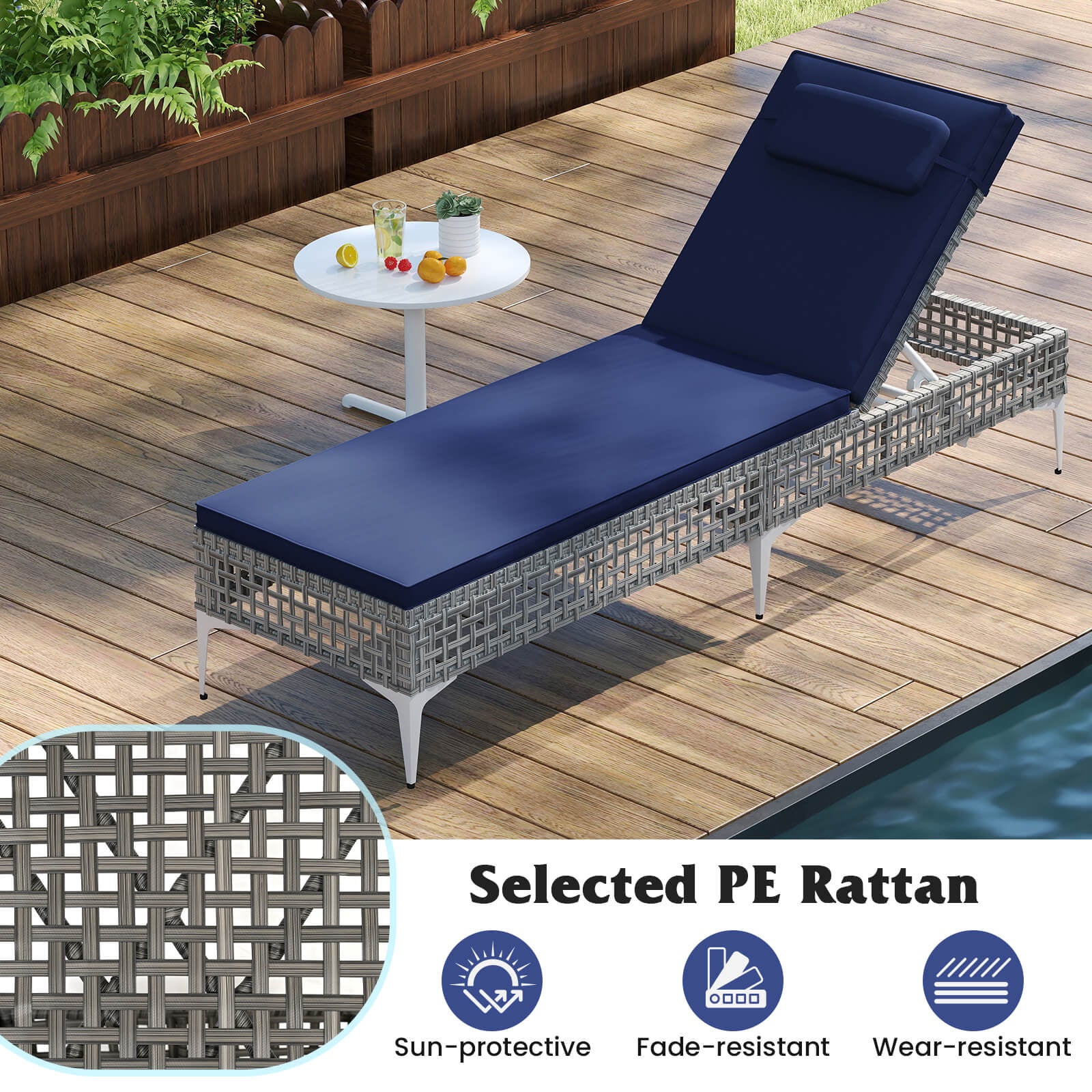 Patio Chaise Lounge Chair with 6-Level Adjustable Backrest and Headrest for Poolside, Navy Outdoor Chaise Lounges at Gallery Canada
