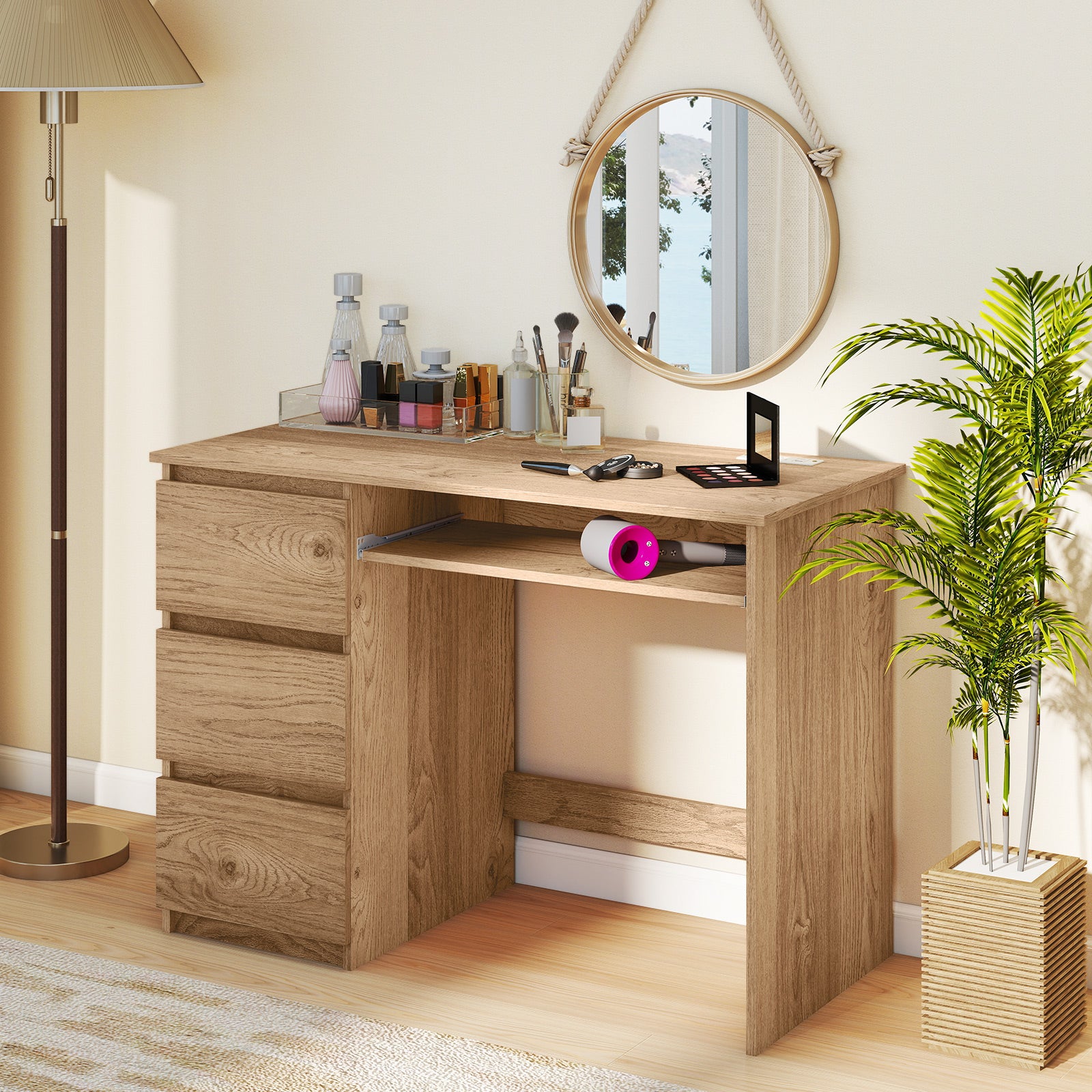 Computer Desk with Power Outlet Keyboard Tray and 3 Large Drawers, Natural Computer Desks at Gallery Canada