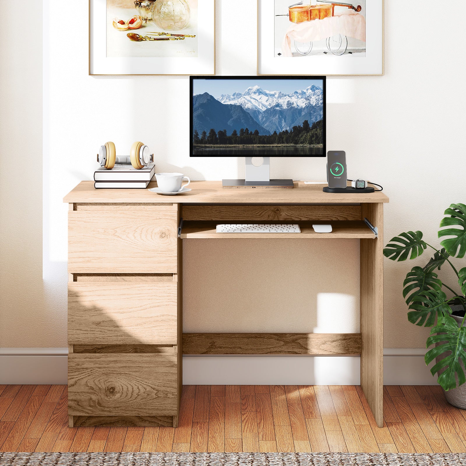 Computer Desk with Power Outlet Keyboard Tray and 3 Large Drawers, Natural Computer Desks at Gallery Canada