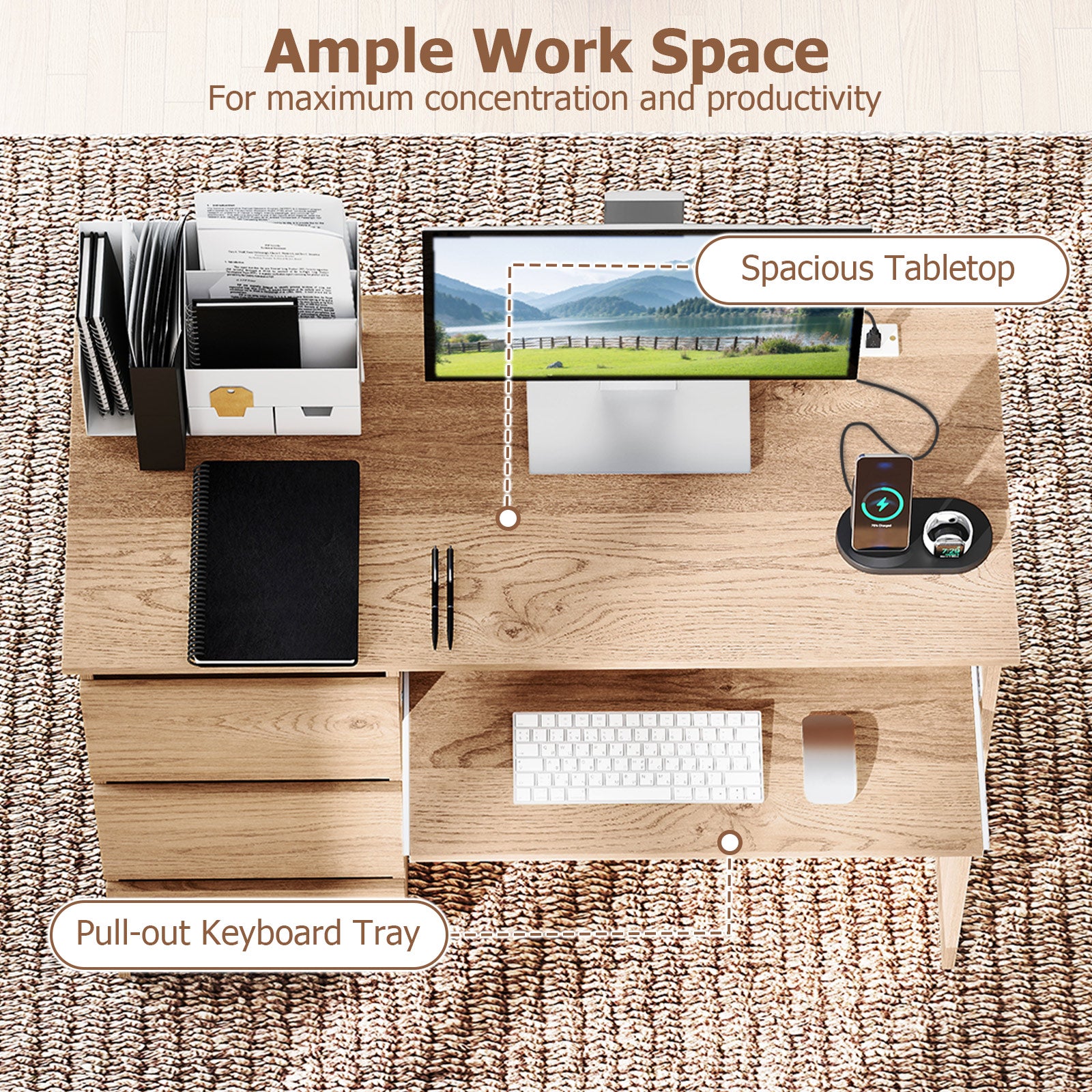 Computer Desk with Power Outlet Keyboard Tray and 3 Large Drawers, Natural Computer Desks at Gallery Canada