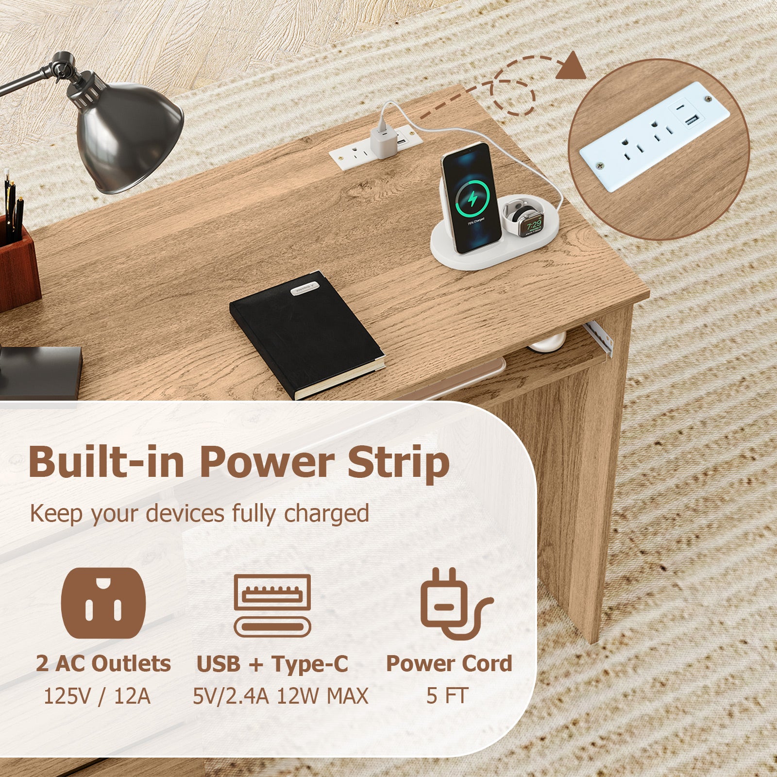 Computer Desk with Power Outlet Keyboard Tray and 3 Large Drawers, Natural Computer Desks at Gallery Canada