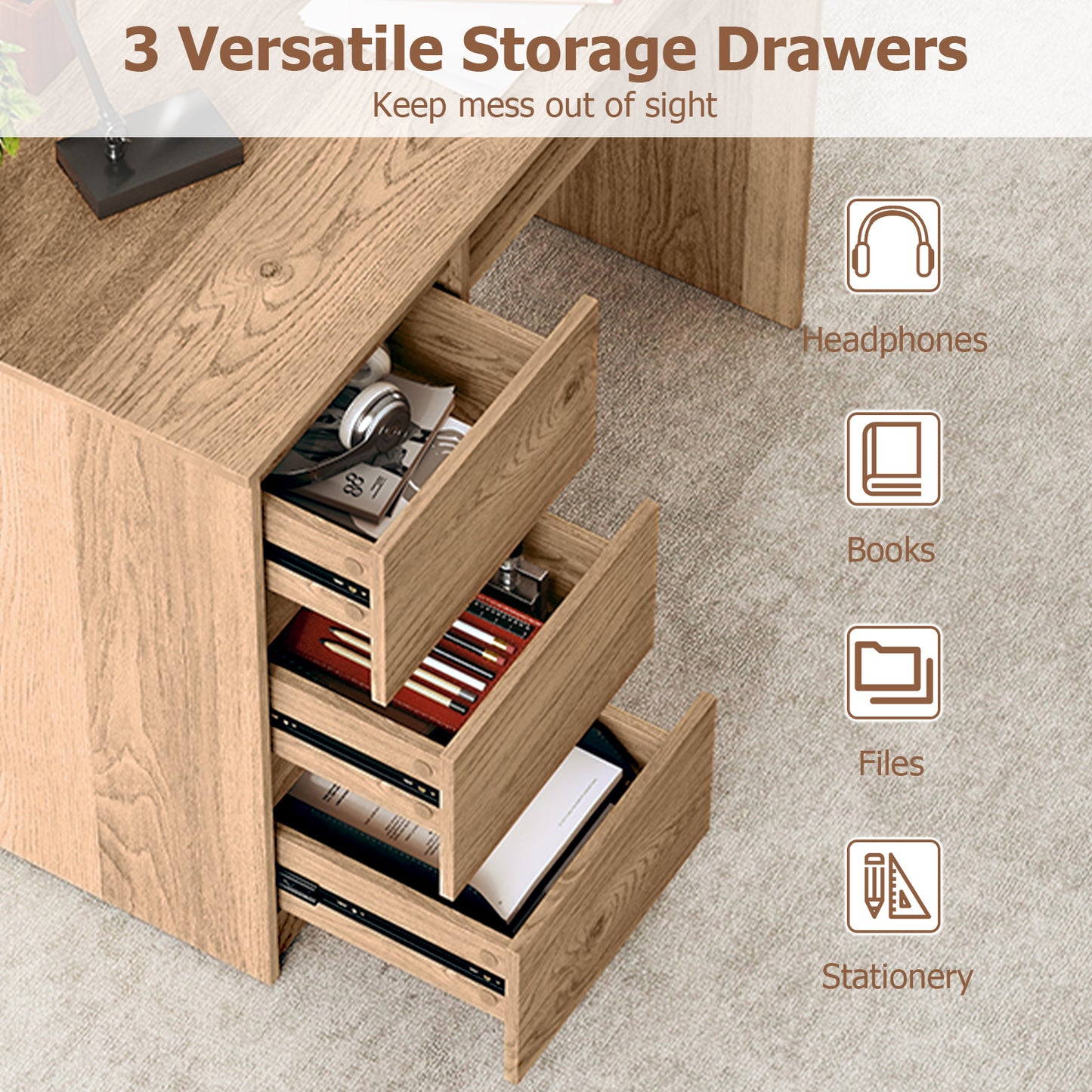 Computer Desk with Power Outlet Keyboard Tray and 3 Large Drawers, Natural Computer Desks at Gallery Canada